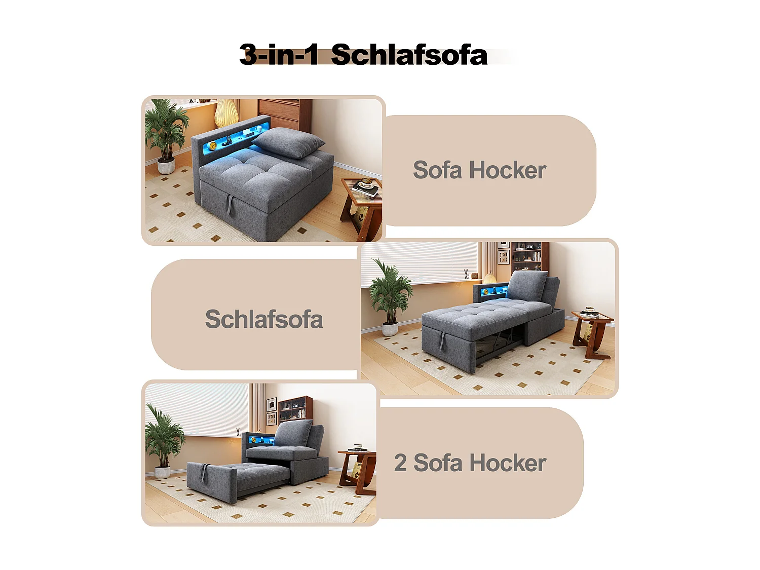 Divano letto imbottito 3 in 1 - 177 x 68 x 65 cm - con schienale regolabile + LED + porte USB/Type-C - Lino - Grigio chiaro