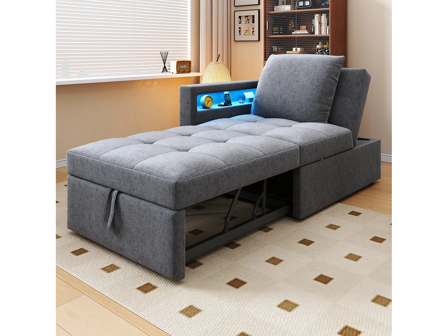 Canapé-lit rembourré 3 en 1 - 177 x 68 x 65 cm - avec dossier réglable + Leds + ports USB/Type-C - lin - gris clair