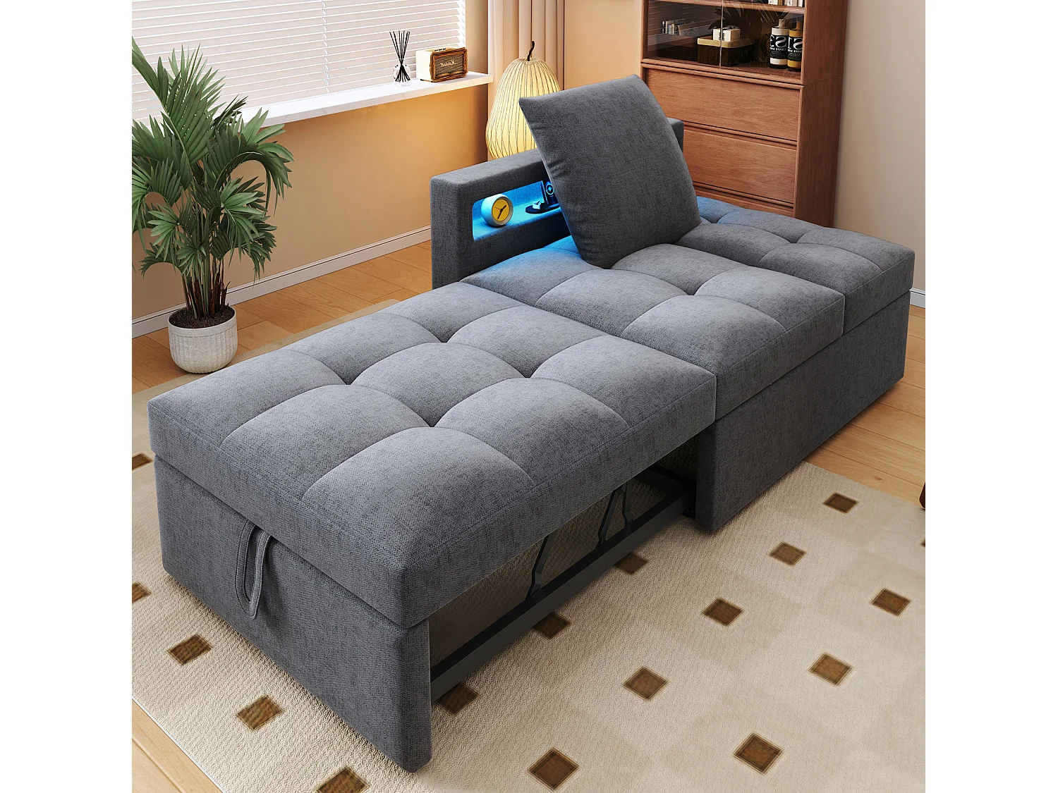 Canapé-lit rembourré 3 en 1 - 177 x 68 x 65 cm - avec dossier réglable + Leds + ports USB/Type-C - lin - gris clair
