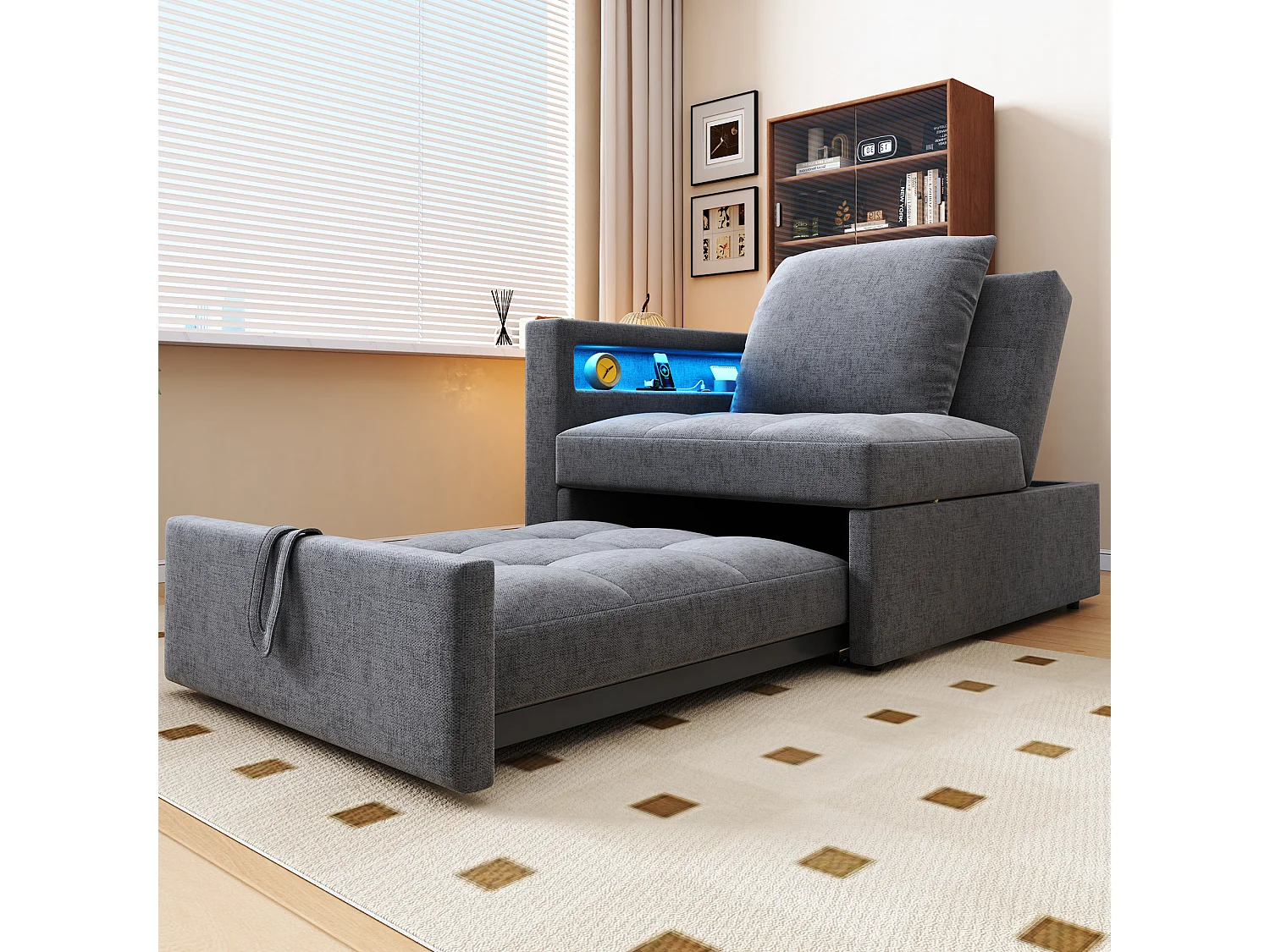 Canapé-lit rembourré 3 en 1 - 177 x 68 x 65 cm - avec dossier réglable + Leds + ports USB/Type-C - lin - gris clair