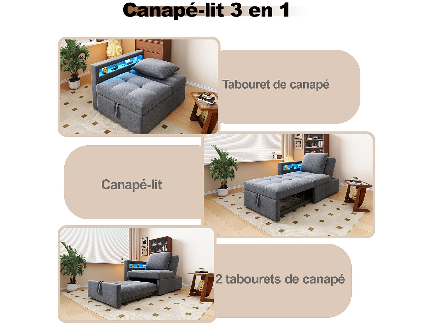 Canapé-lit rembourré 3 en 1 - 177 x 68 x 65 cm - avec dossier réglable + Leds + ports USB/Type-C - lin - gris clair