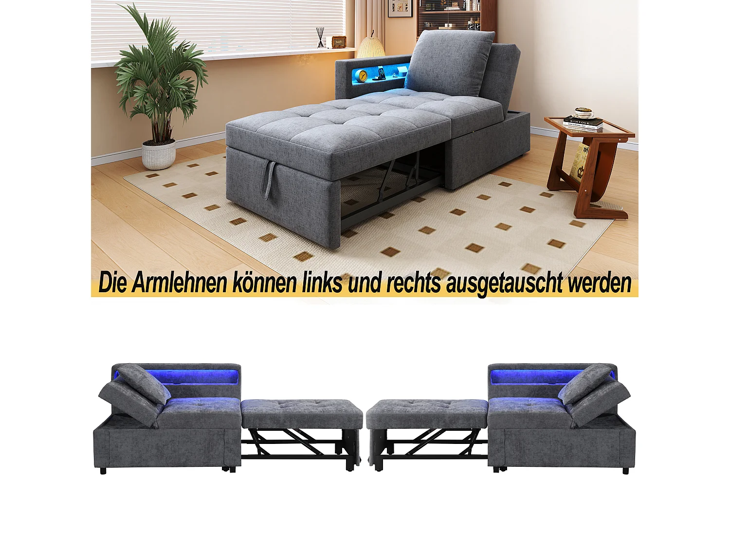 Canapé-lit rembourré 3 en 1 - 177 x 68 x 65 cm - avec dossier réglable + Leds + ports USB/Type-C - lin - gris clair