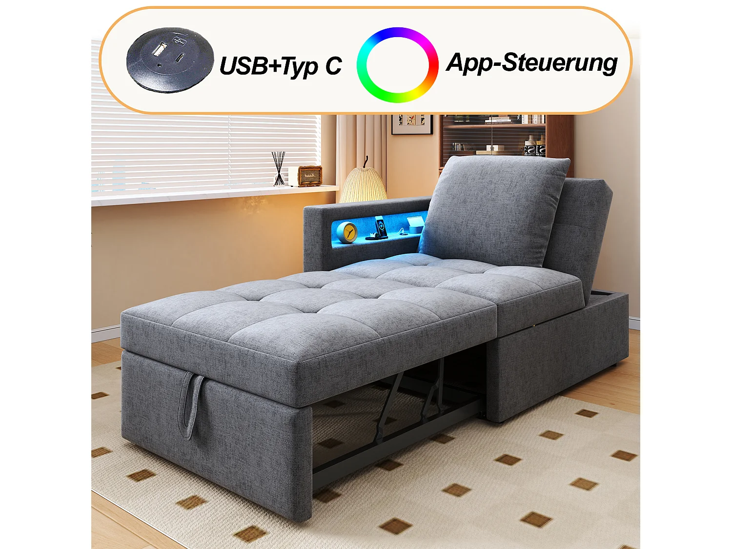 Canapé-lit rembourré 3 en 1 - 177 x 68 x 65 cm - avec dossier réglable + Leds + ports USB/Type-C - lin - gris clair