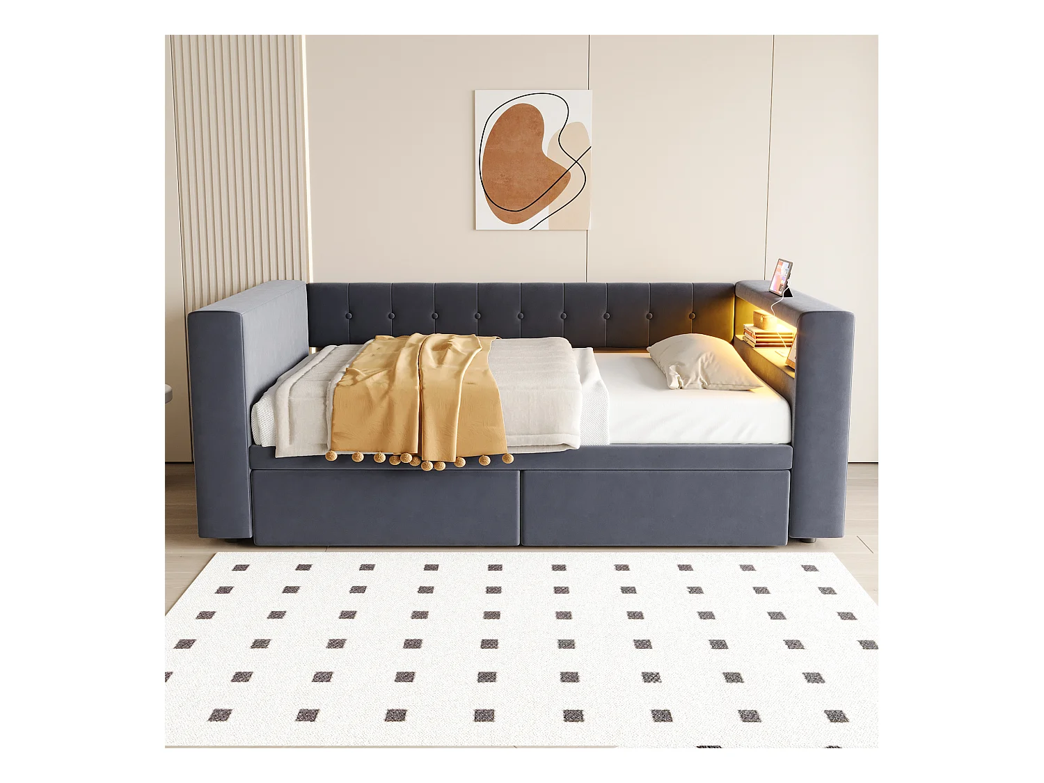 Canapé-lit rembourré - 90 x 190 cm - avec Leds + prise + 2 tiroirs + étagère - Flanelle - gris foncé