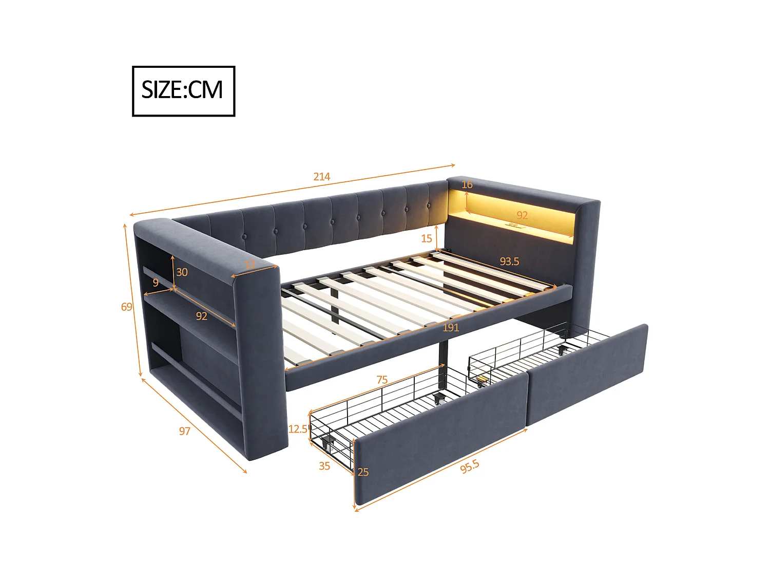 Canapé-lit rembourré - 90 x 190 cm - avec Leds + prise + 2 tiroirs + étagère - Flanelle - gris foncé