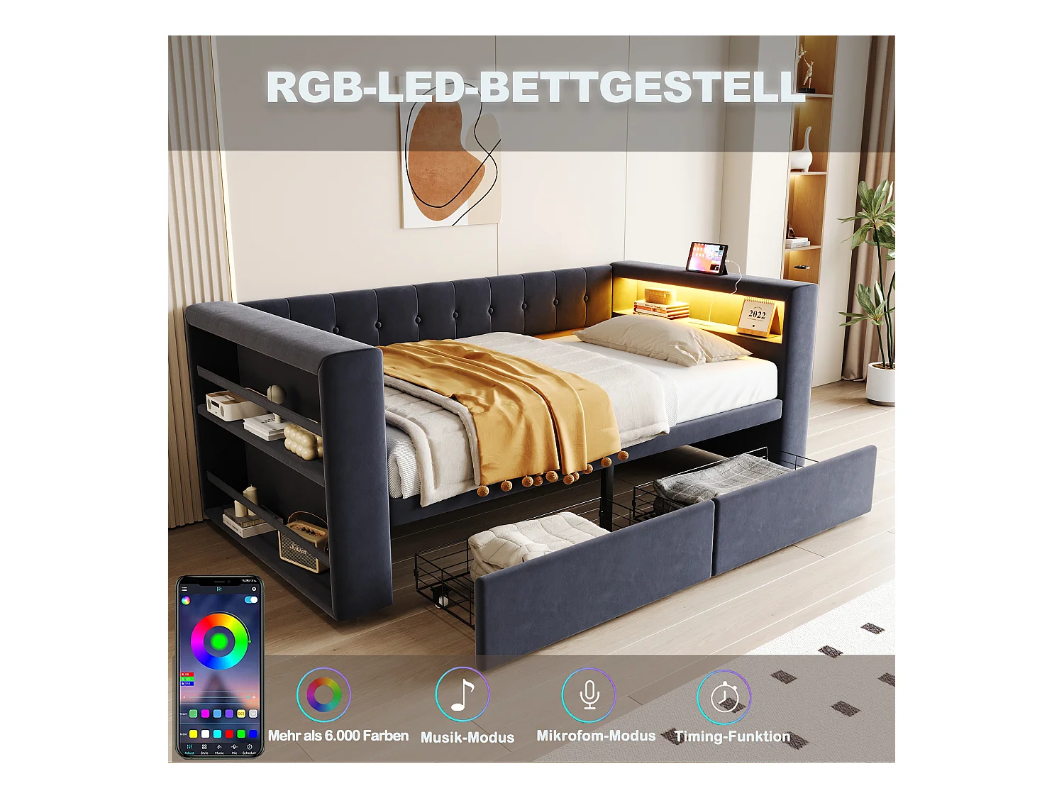 Canapé-lit rembourré - 90 x 190 cm - avec Leds + prise + 2 tiroirs + étagère - Flanelle - gris foncé