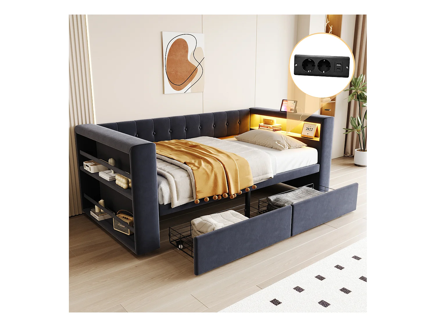 Canapé-lit rembourré - 90 x 190 cm - avec Leds + prise + 2 tiroirs + étagère - Flanelle - gris foncé