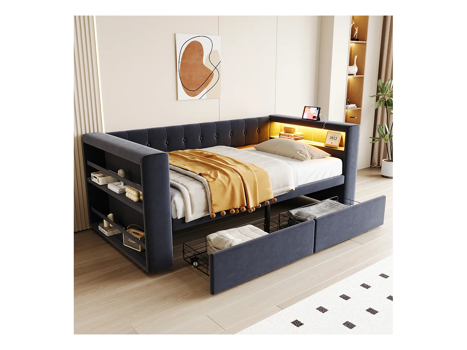 Sofa tapicerowana z funkcją spania - 90 x 190 cm - z oświetleniem LED + gniazdko + 2 szuflady + półka - Flanela - ciemnoszara