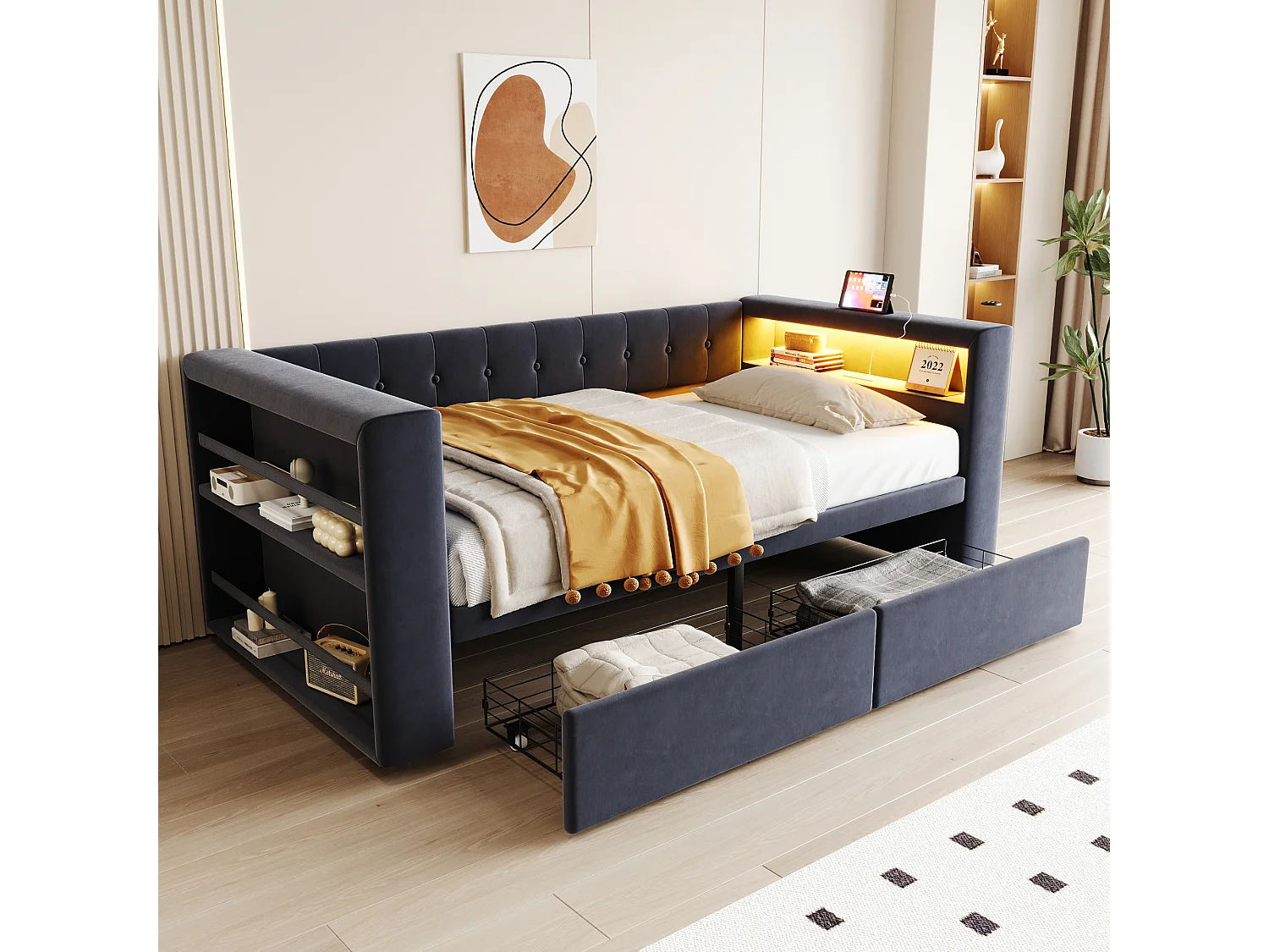 Sofá-cama estofado - 90 x 190 cm - com LEDs + tomada + 2 gavetas + prateleira - Flanela - cinza escuro