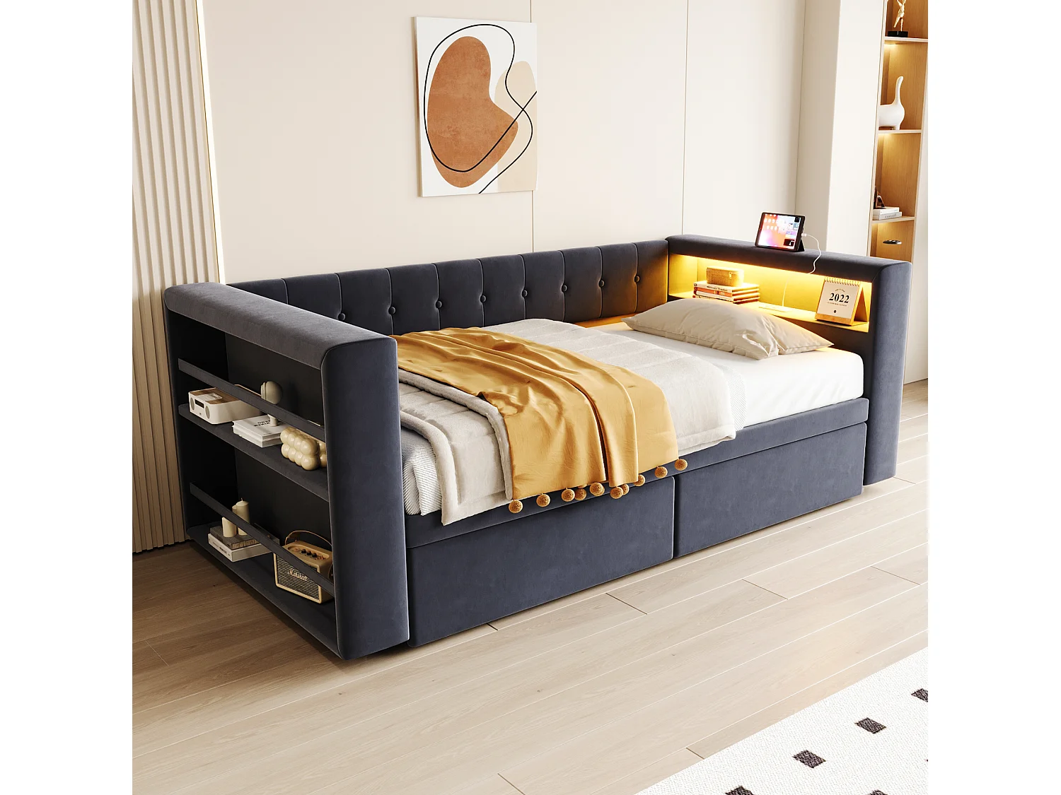 Divano letto imbottito - 90 x 190 cm - con LED + presa + 2 cassetti + ripiano - Flanella - grigio scuro