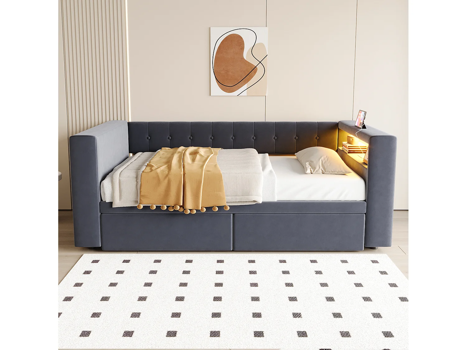 Divano letto imbottito - 90 x 190 cm - con LED + presa + 2 cassetti + ripiano - Flanella - grigio scuro