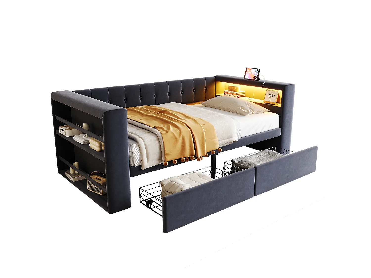 Divano letto imbottito - 90 x 190 cm - con LED + presa + 2 cassetti + ripiano - Flanella - grigio scuro