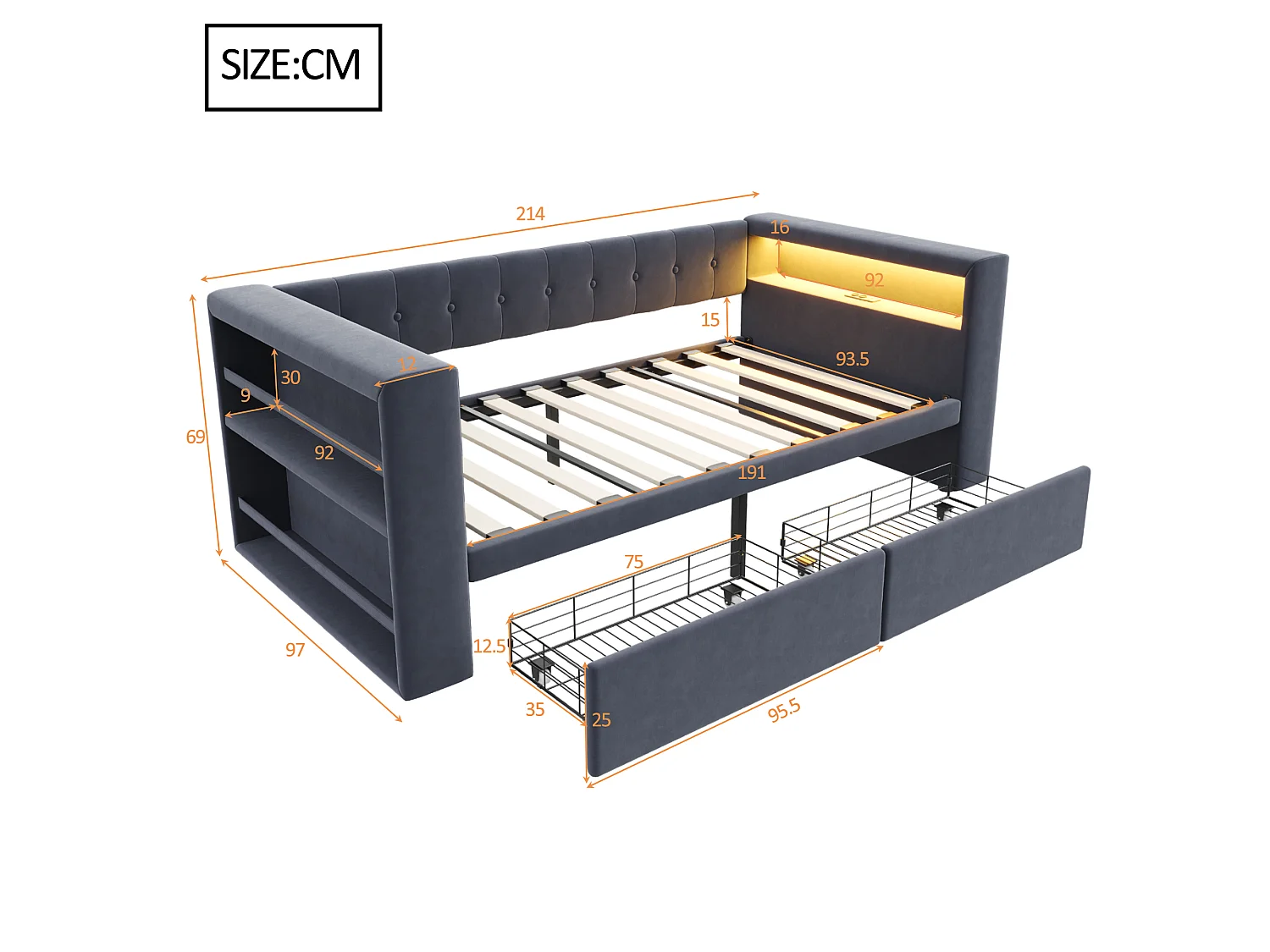 Divano letto imbottito - 90 x 190 cm - con LED + presa + 2 cassetti + ripiano - Flanella - grigio scuro