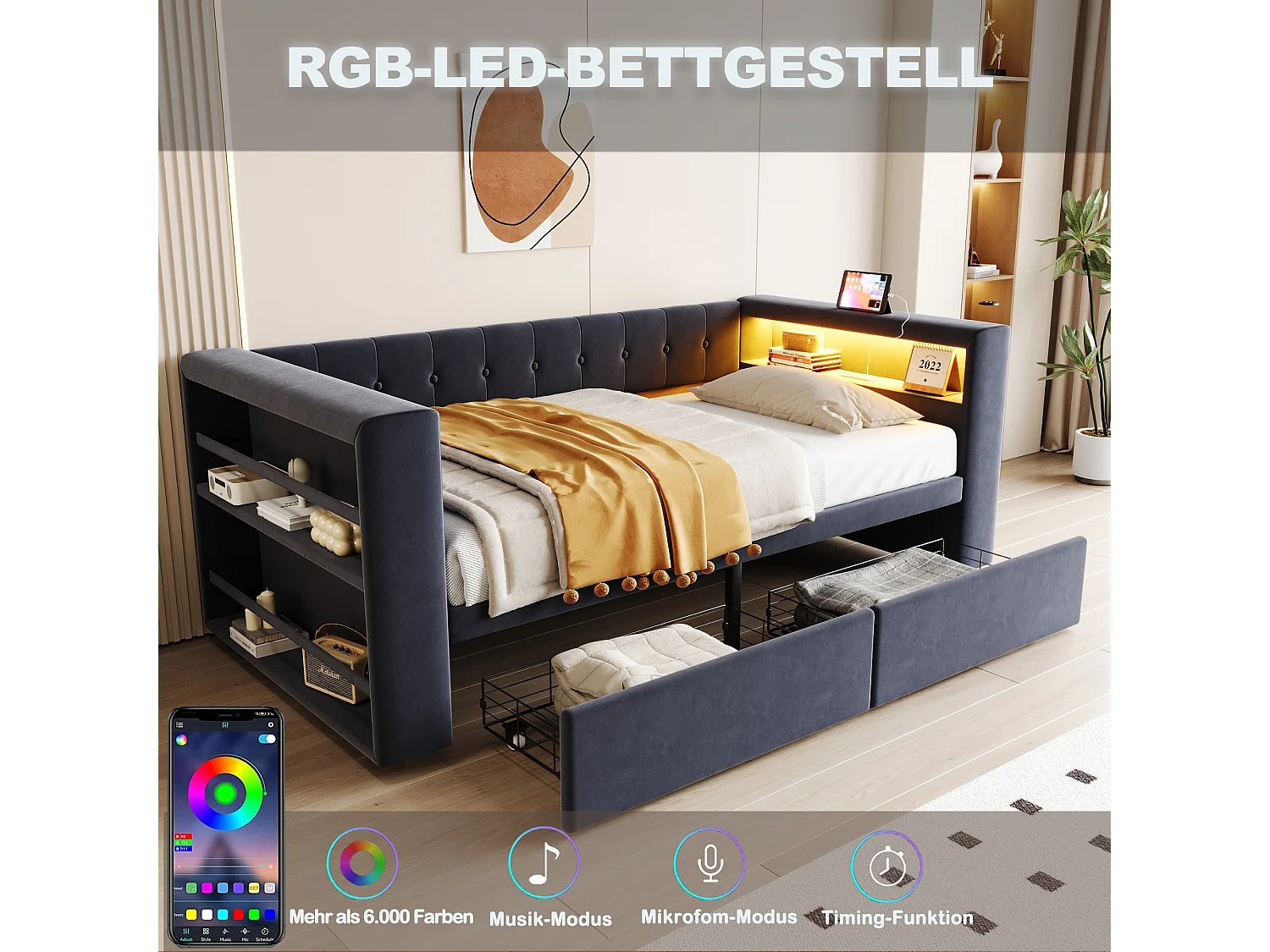 Divano letto imbottito - 90 x 190 cm - con LED + presa + 2 cassetti + ripiano - Flanella - grigio scuro