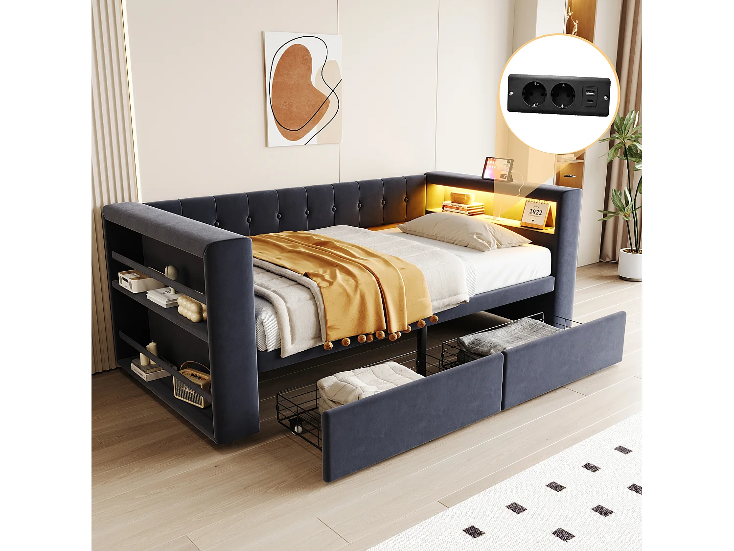 Divano letto imbottito - 90 x 190 cm - con LED + presa + 2 cassetti + ripiano - Flanella - grigio scuro