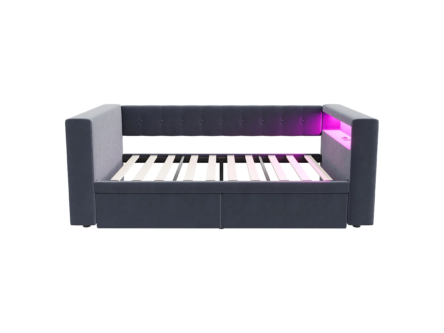 Divano letto imbottito - 90 x 190 cm - con LED + presa + 2 cassetti + ripiano - Flanella - grigio scuro