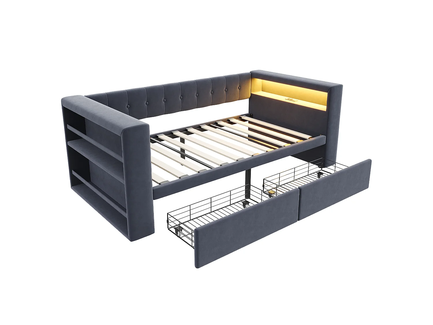 Divano letto imbottito - 90 x 190 cm - con LED + presa + 2 cassetti + ripiano - Flanella - grigio scuro