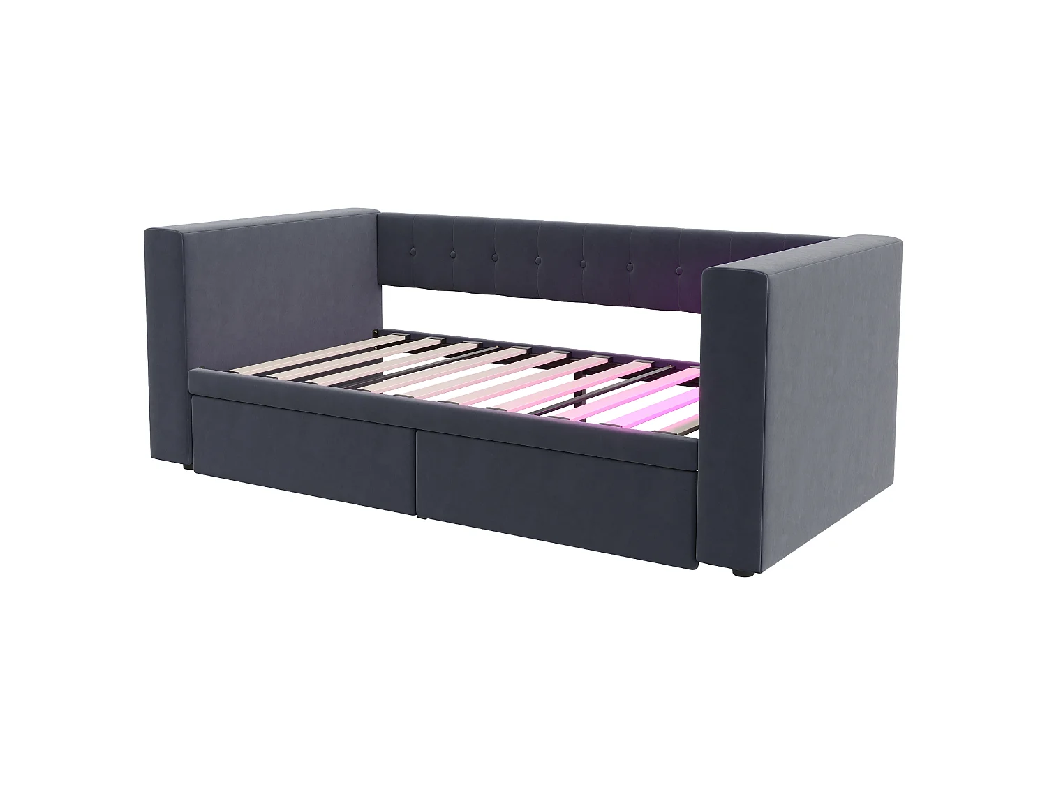 Divano letto imbottito - 90 x 190 cm - con LED + presa + 2 cassetti + ripiano - Flanella - grigio scuro