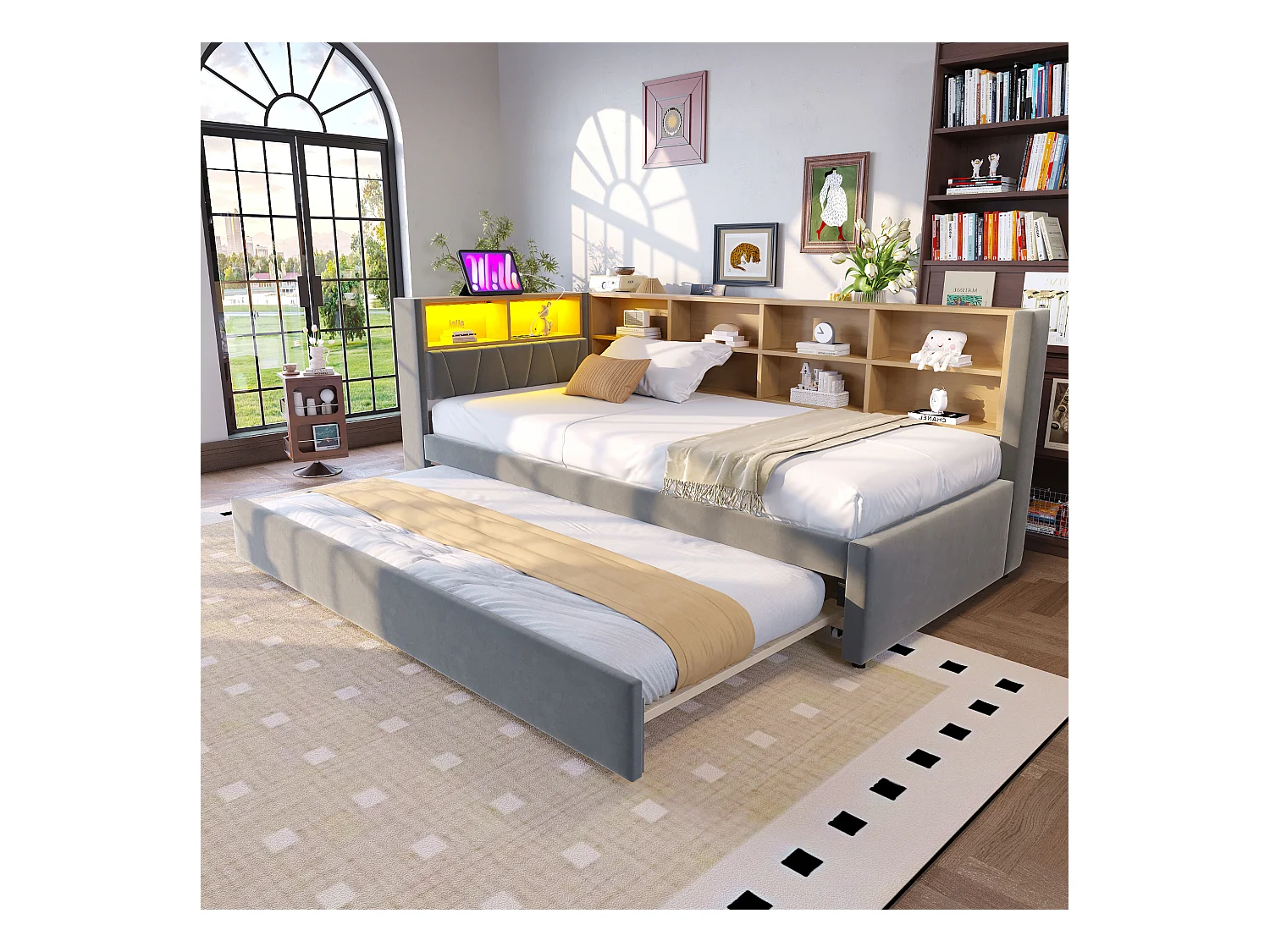 Sofá-cama 90 x 200 cm com cama de rodízio 90 x 190 cm - com LEDs + tomadas + prateleira de armazenamento - Flanela - cinza