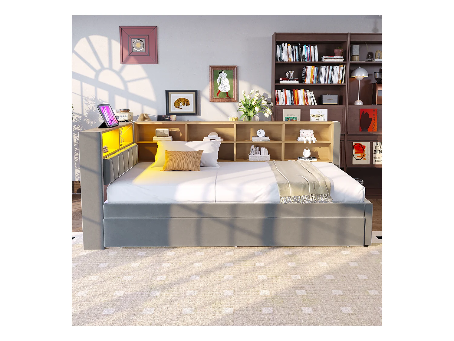 Canapé-lit 90 x 200 cm avec lit gigogne 90 x 190 cm - avec Leds + prises + étagère de rangement - Flanelle - gris