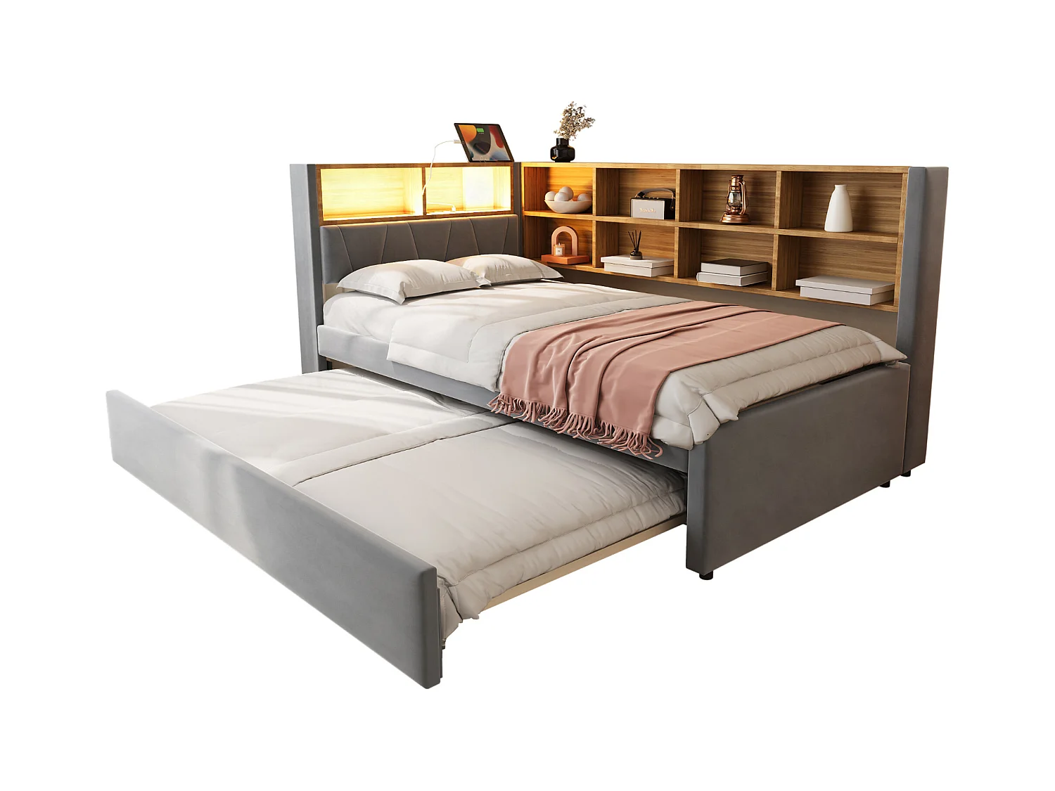 Canapé-lit 90 x 200 cm avec lit gigogne 90 x 190 cm - avec Leds + prises + étagère de rangement - Flanelle - gris