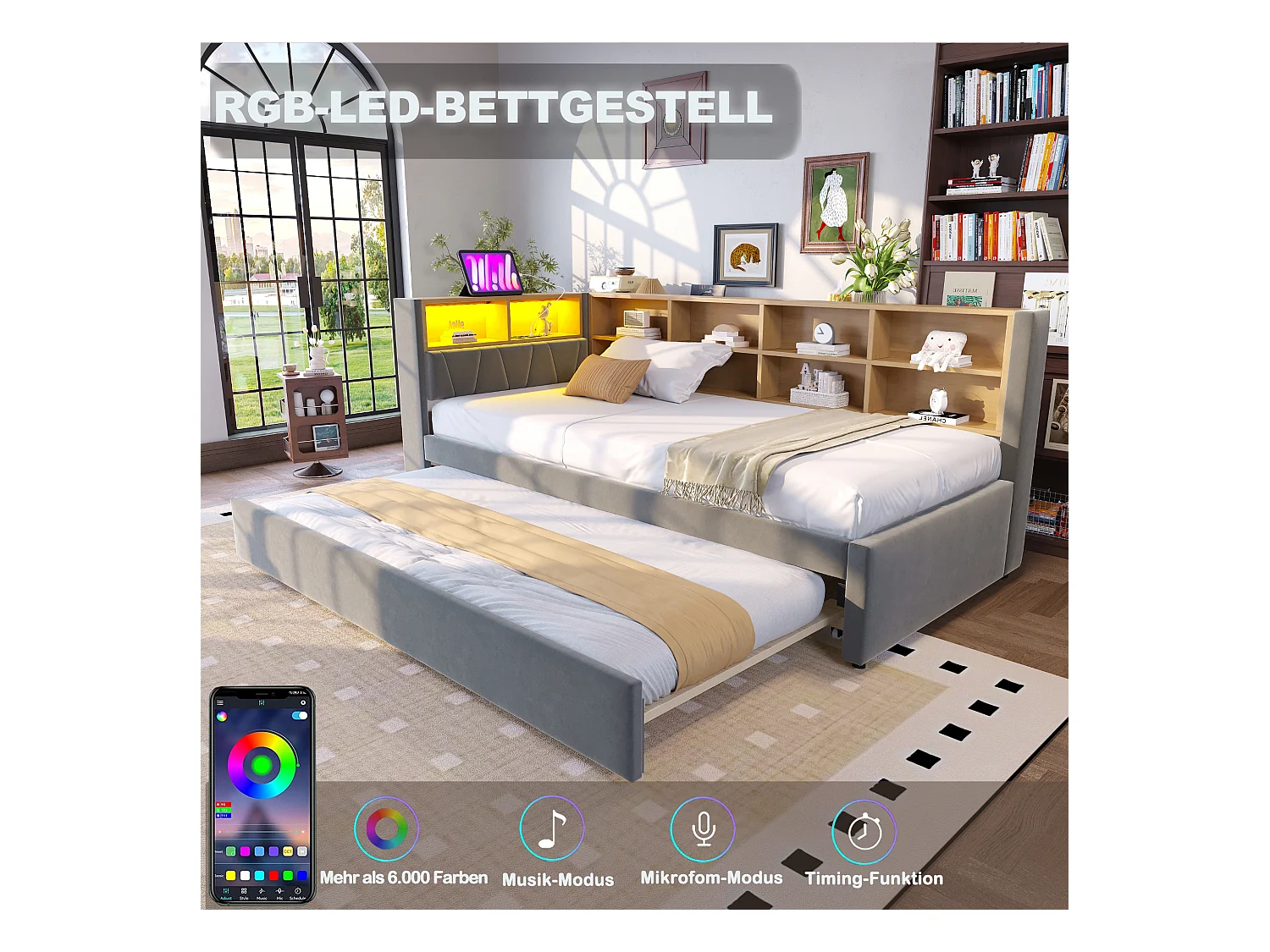 Canapé-lit 90 x 200 cm avec lit gigogne 90 x 190 cm - avec Leds + prises + étagère de rangement - Flanelle - gris