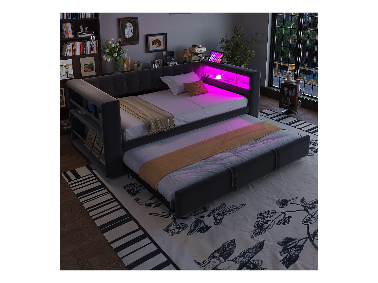 Canapé-lit rembourré - 90/180 x 190 cm - avec Leds + prise + lit gigogne + étagère - Flanelle - gris foncé