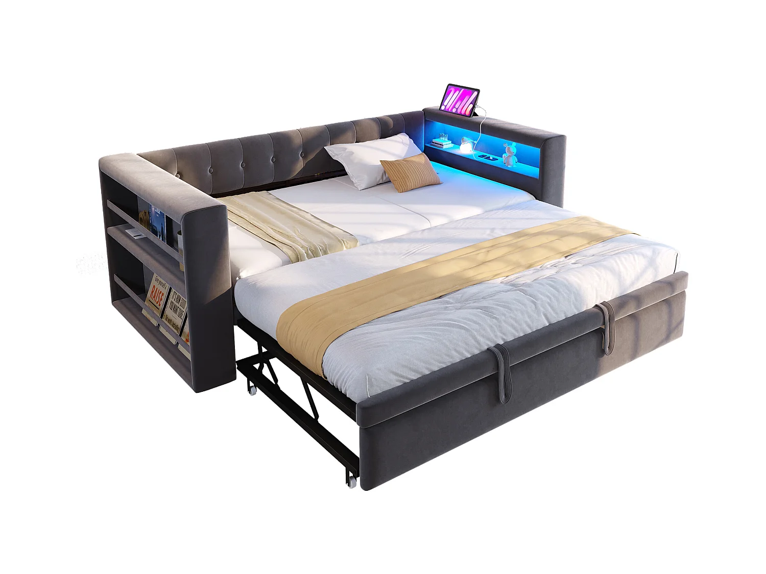 Canapé-lit rembourré - 90/180 x 190 cm - avec Leds + prise + lit gigogne + étagère - Flanelle - gris foncé