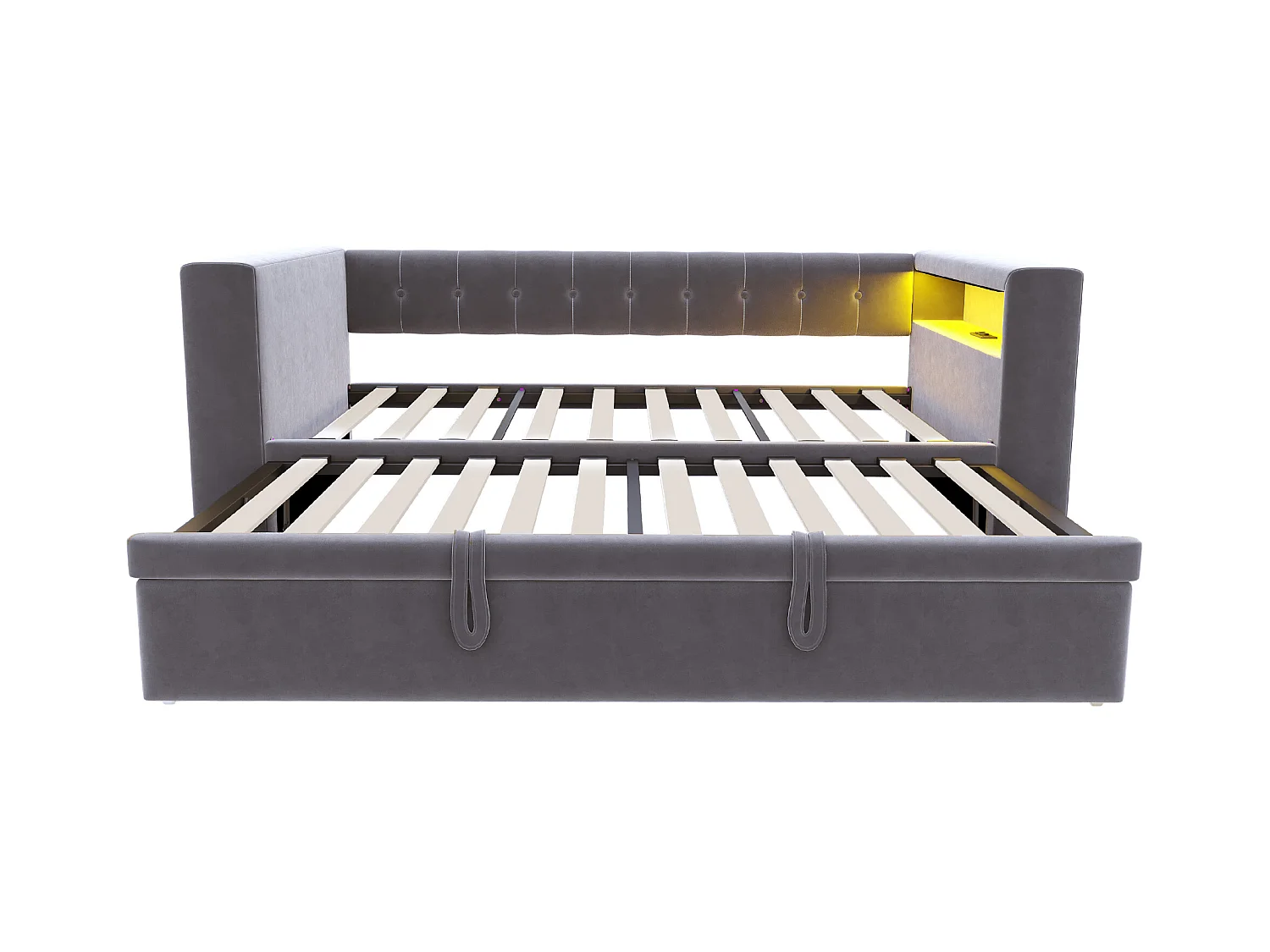 Canapé-lit rembourré - 90/180 x 190 cm - avec Leds + prise + lit gigogne + étagère - Flanelle - gris foncé