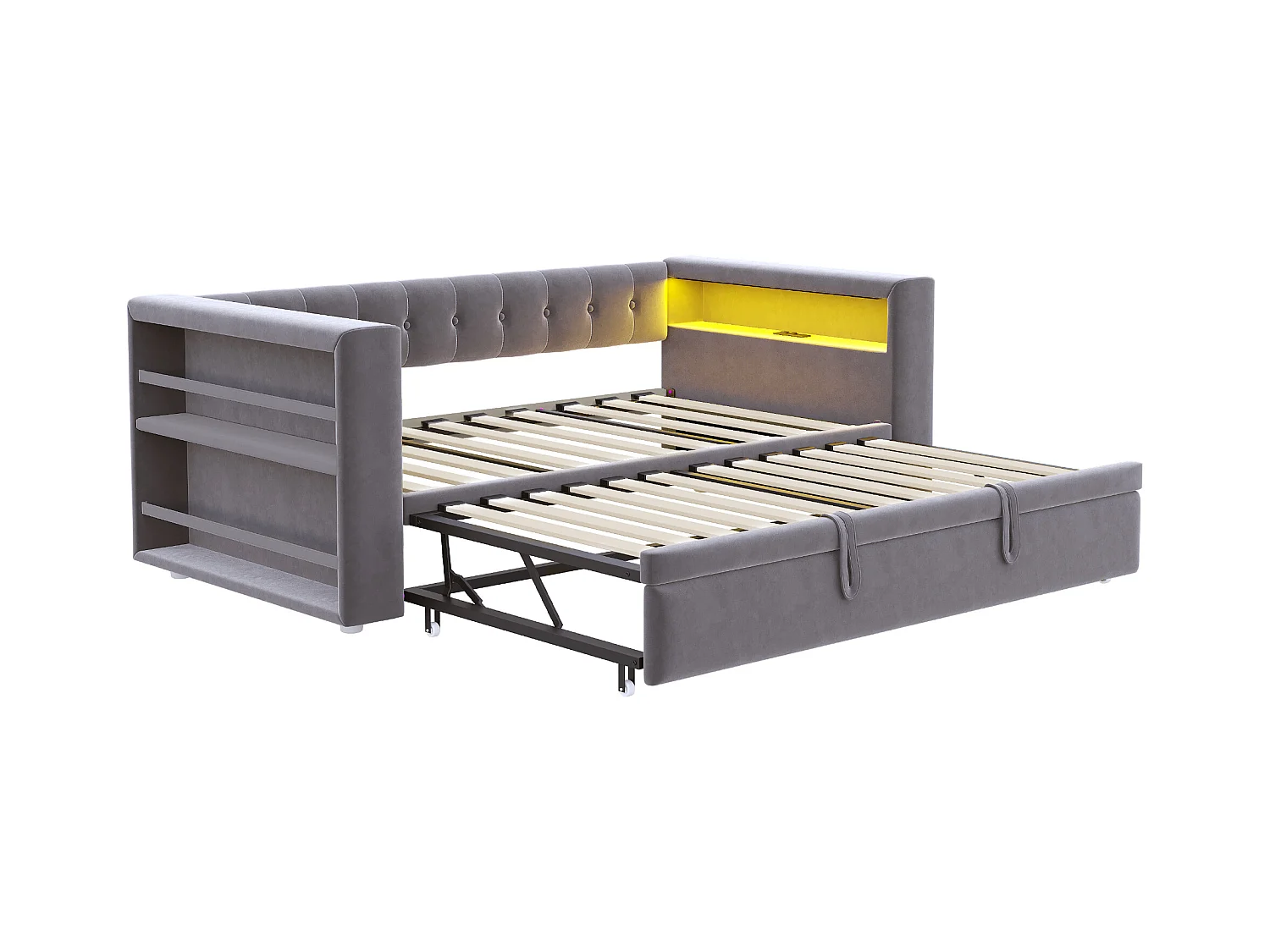 Canapé-lit rembourré - 90/180 x 190 cm - avec Leds + prise + lit gigogne + étagère - Flanelle - gris foncé