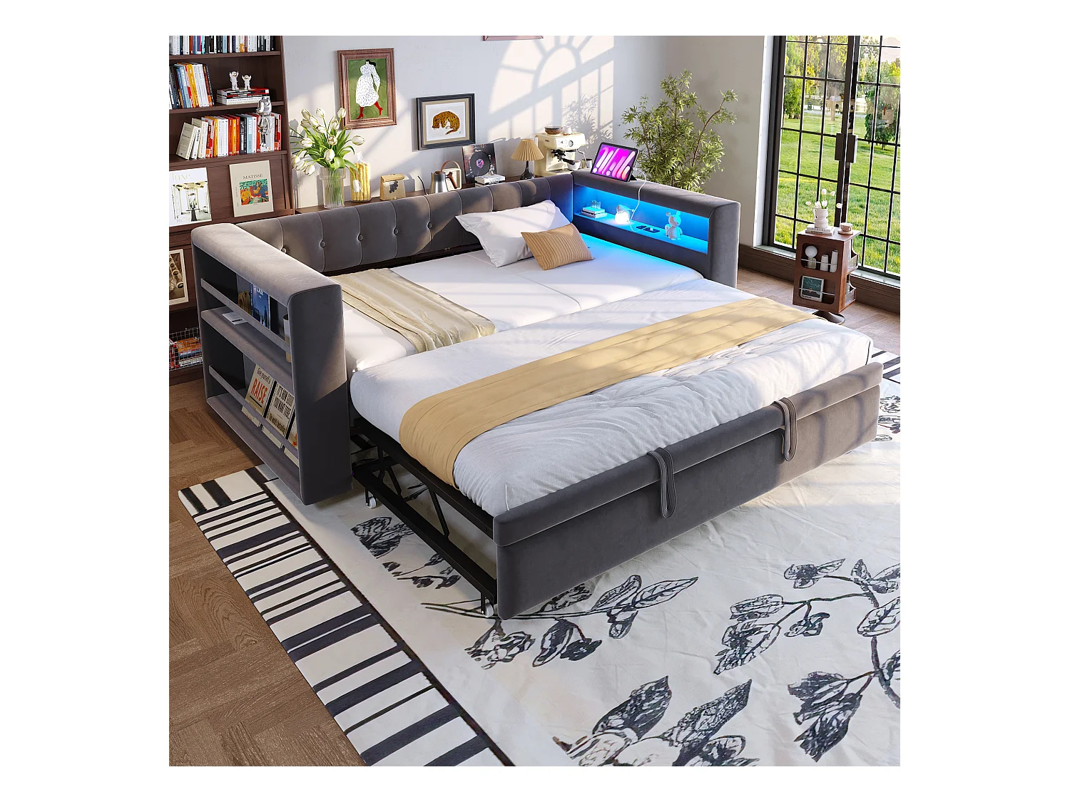 Sofa tapicerowana z funkcją spania - 90/180 x 190 cm - z oświetleniem LED + gniazdko + łóżko wysuwane + półka - Flanela - ciemnoszara