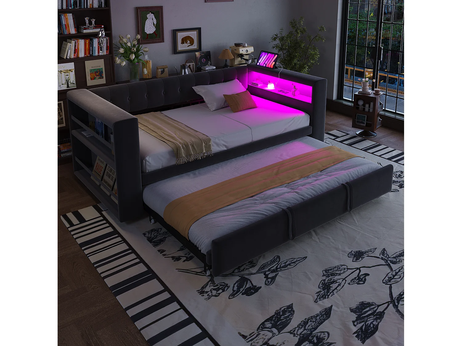 Canapé-lit rembourré - 90/180 x 190 cm - avec Leds + prise + lit gigogne + étagère - Flanelle - gris foncé