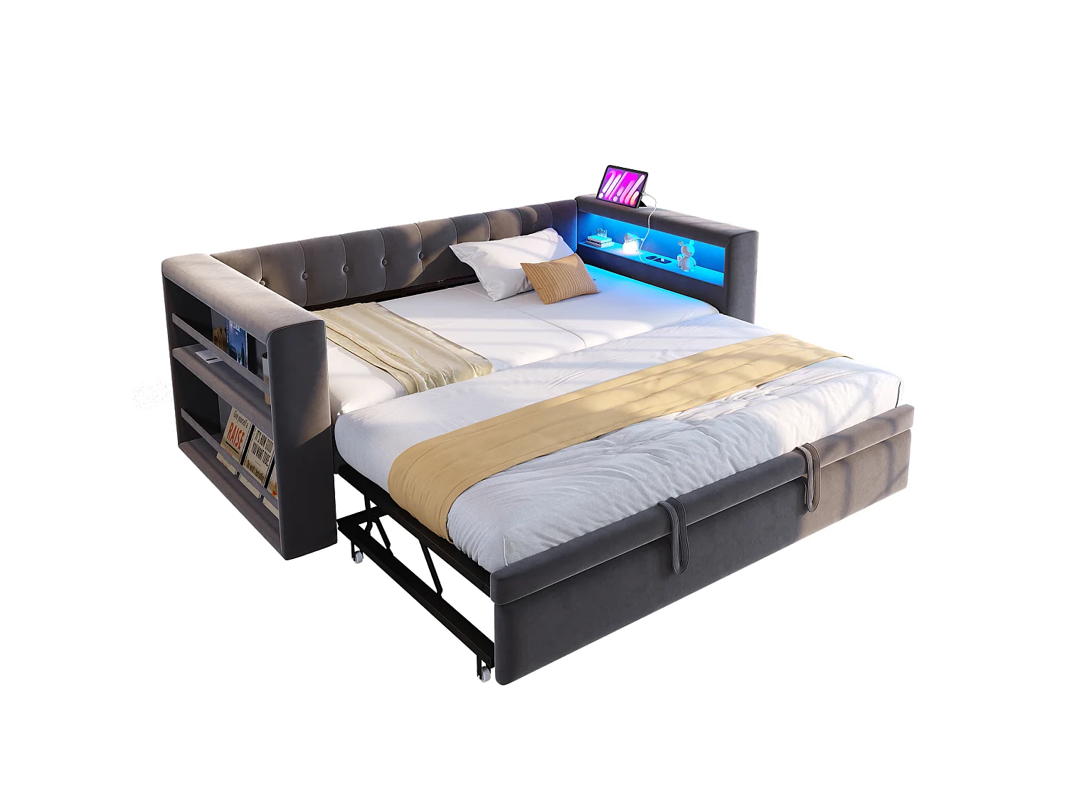Polsterschlafsofa - 90/180 x 190 cm - mit LEDs + Steckdose + Ausziehbett + Ablage - Flanell - dunkelgrau