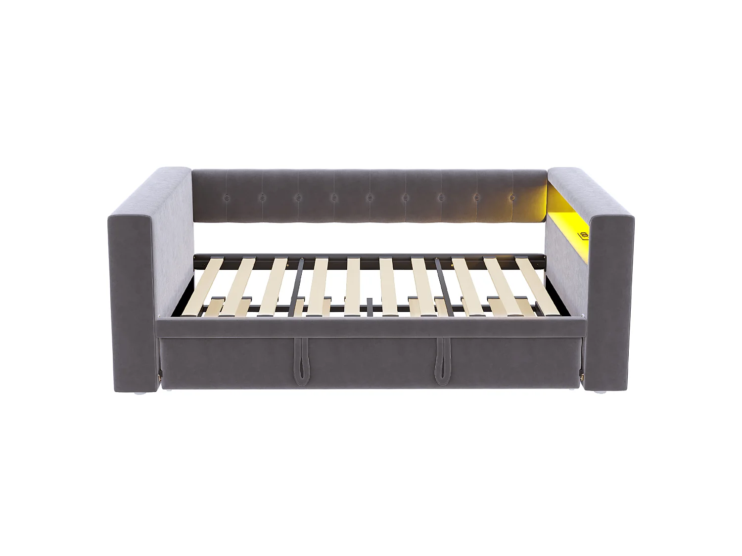 Polsterschlafsofa - 90/180 x 190 cm - mit LEDs + Steckdose + Ausziehbett + Ablage - Flanell - dunkelgrau