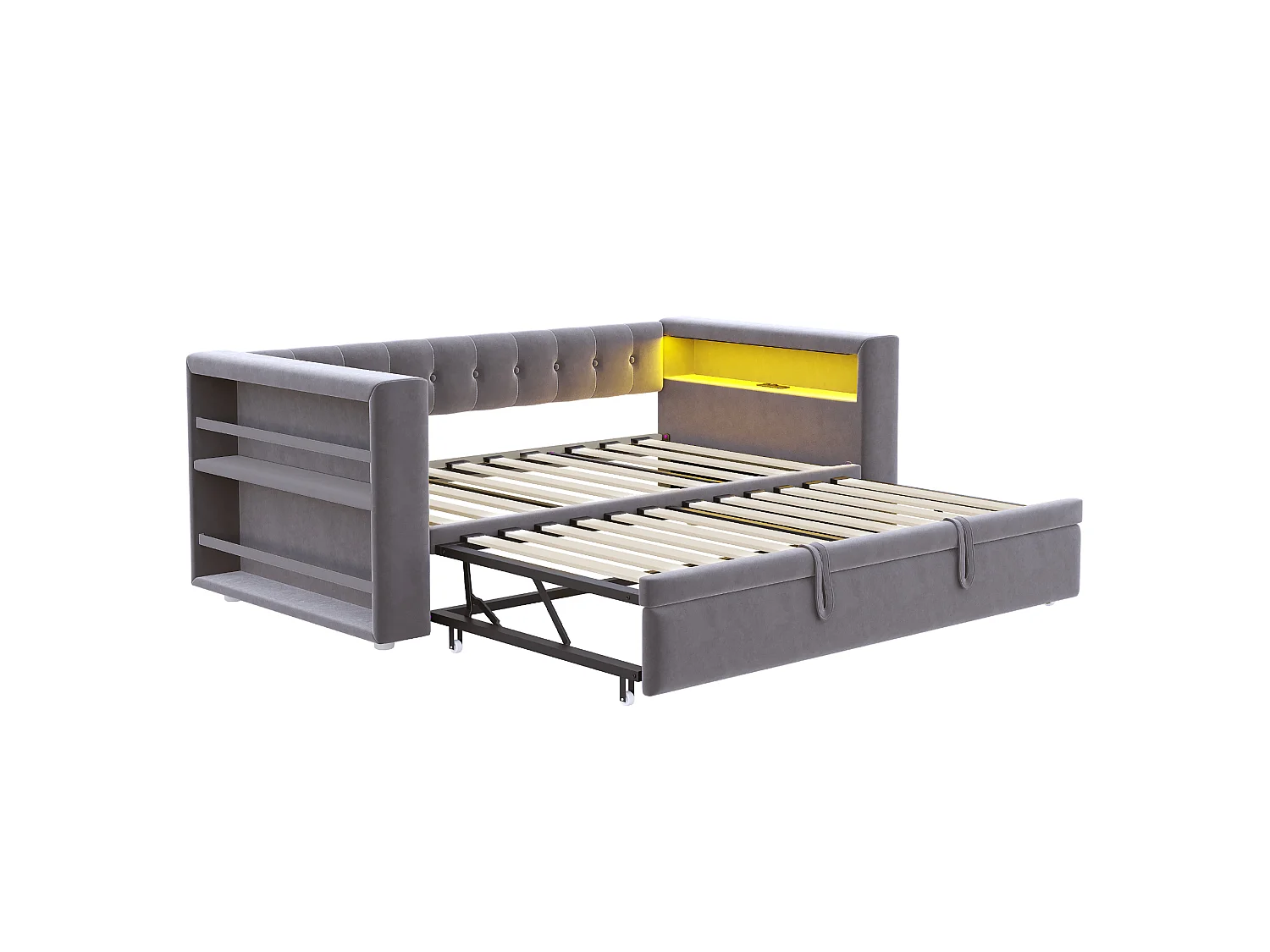 Polsterschlafsofa - 90/180 x 190 cm - mit LEDs + Steckdose + Ausziehbett + Ablage - Flanell - dunkelgrau