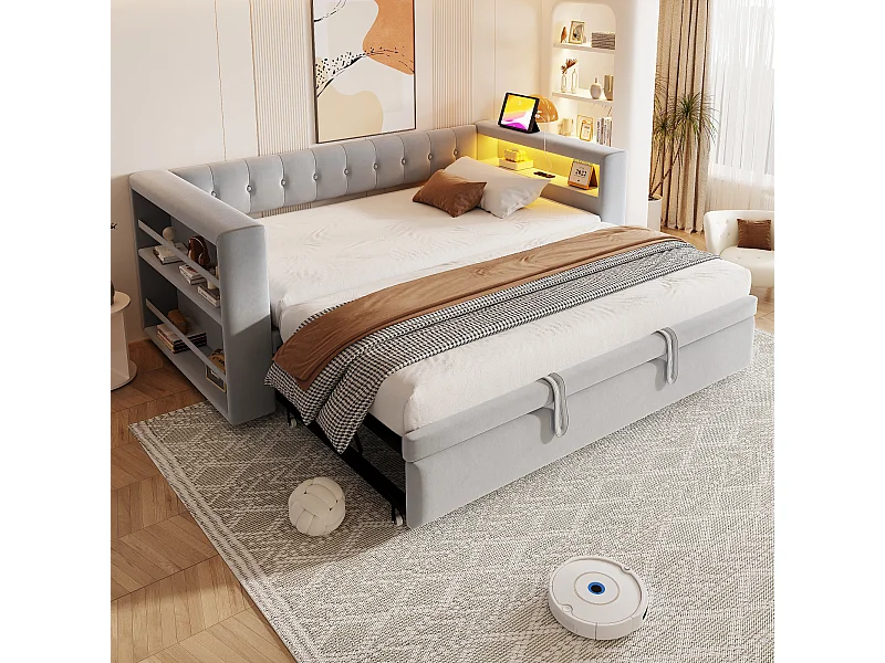 Sofa tapicerowana z funkcją spania - 90/180 x 190 cm - z oświetleniem LED + gniazdko + łóżko wysuwane + półka - Flanela - jasnoszara