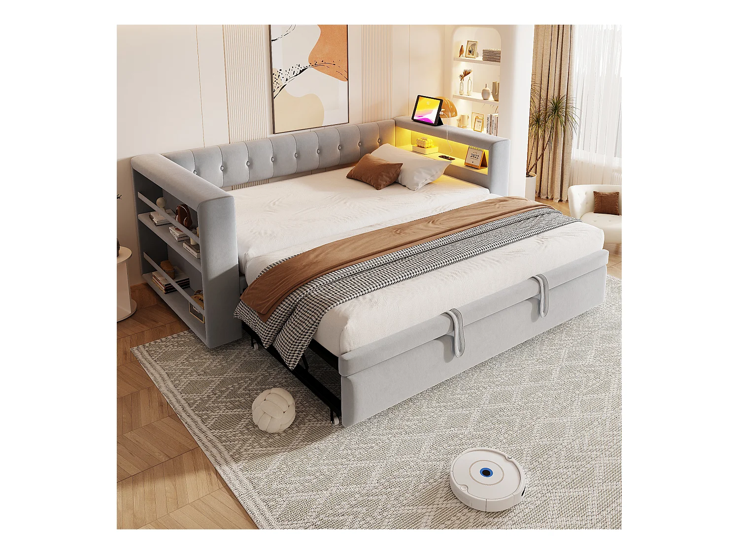 Canapé-lit rembourré - 90/180 x 190 cm - avec Leds + prise + lit gigogne + étagère - Flanelle - gris clair