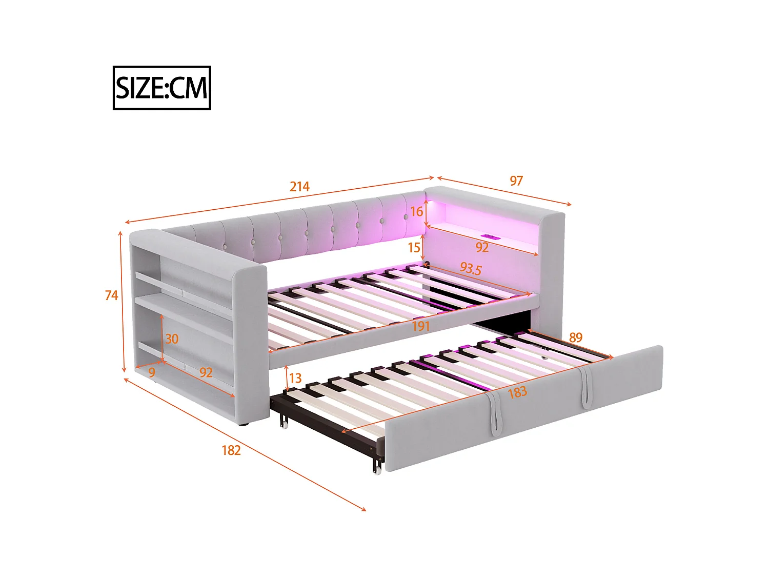 Canapé-lit rembourré - 90/180 x 190 cm - avec Leds + prise + lit gigogne + étagère - Flanelle - gris clair