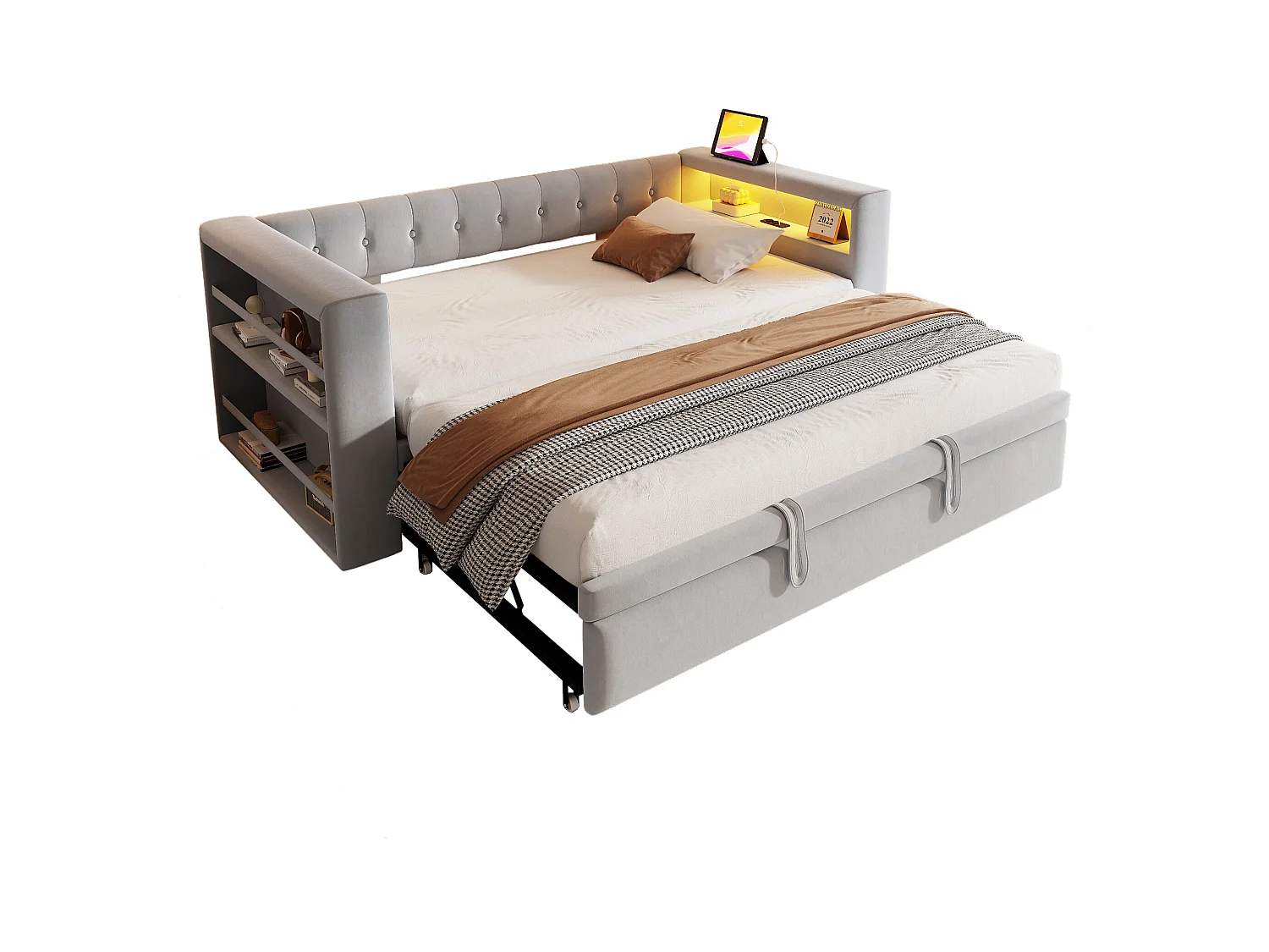 Canapé-lit rembourré - 90/180 x 190 cm - avec Leds + prise + lit gigogne + étagère - Flanelle - gris clair