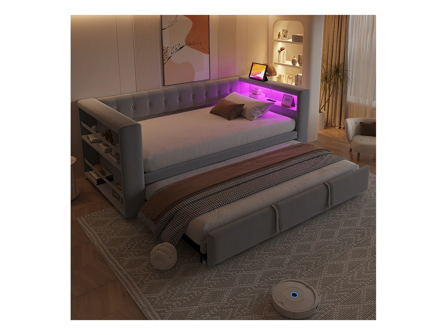 Canapé-lit rembourré - 90/180 x 190 cm - avec Leds + prise + lit gigogne + étagère - Flanelle - gris clair