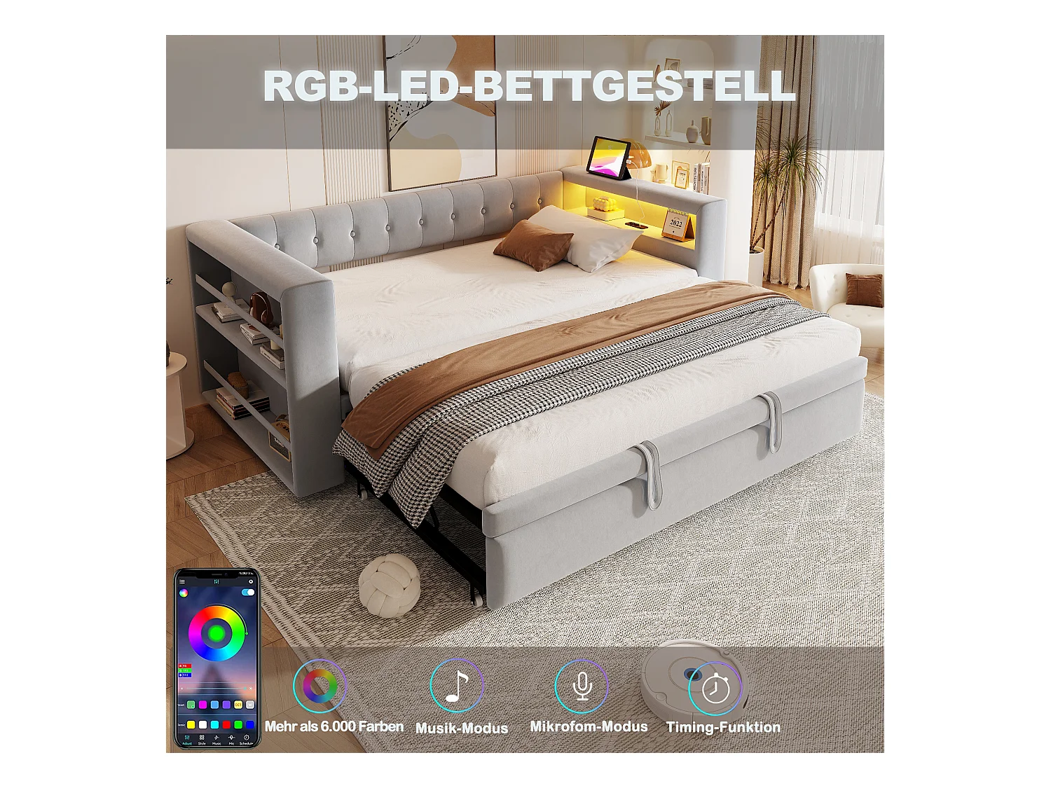 Canapé-lit rembourré - 90/180 x 190 cm - avec Leds + prise + lit gigogne + étagère - Flanelle - gris clair