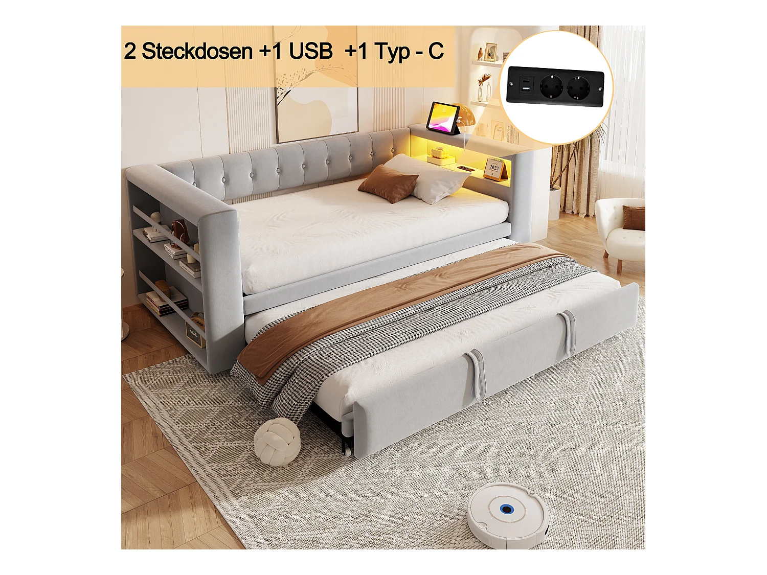 Canapé-lit rembourré - 90/180 x 190 cm - avec Leds + prise + lit gigogne + étagère - Flanelle - gris clair