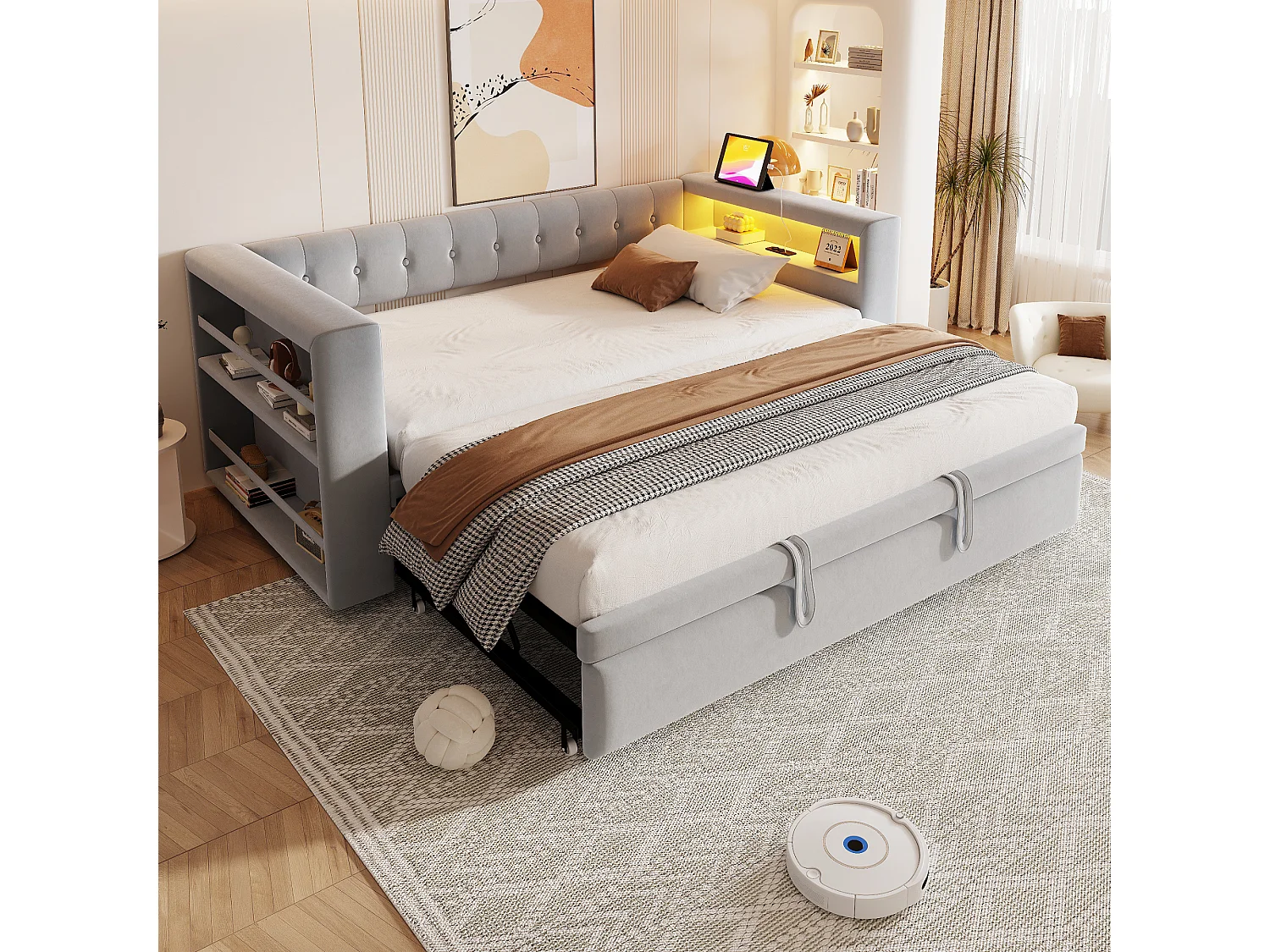 Canapé-lit rembourré - 90/180 x 190 cm - avec Leds + prise + lit gigogne + étagère - Flanelle - gris clair