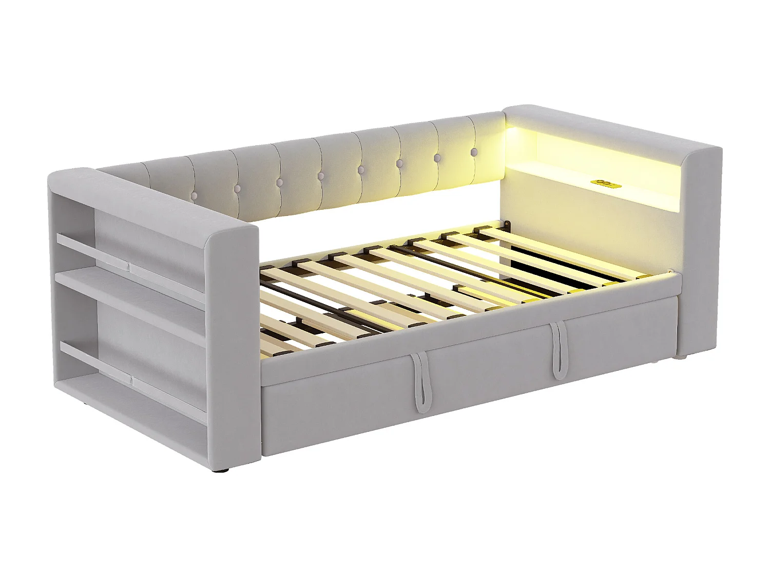 Canapé-lit rembourré - 90/180 x 190 cm - avec Leds + prise + lit gigogne + étagère - Flanelle - gris clair