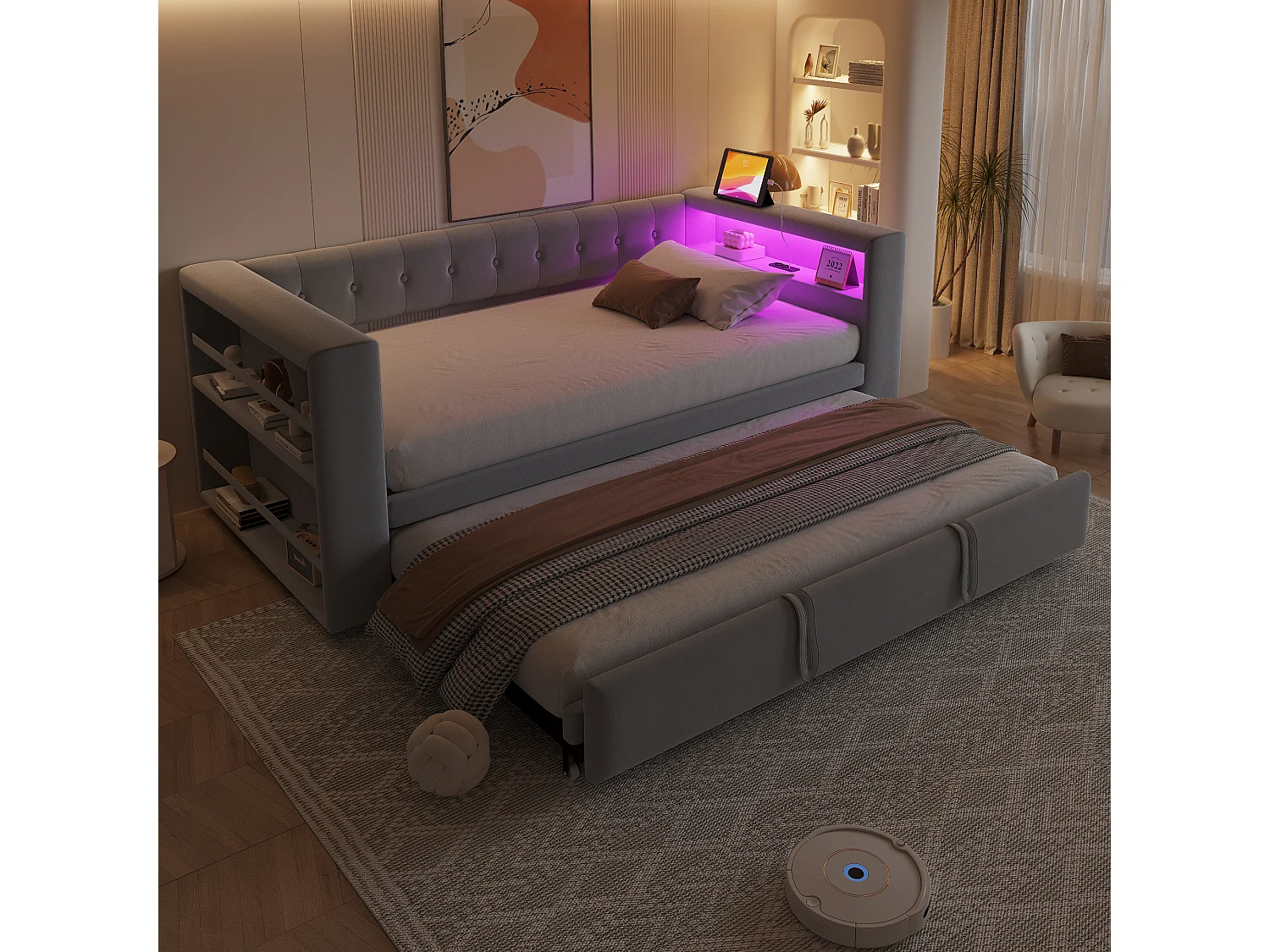 Canapé-lit rembourré - 90/180 x 190 cm - avec Leds + prise + lit gigogne + étagère - Flanelle - gris clair