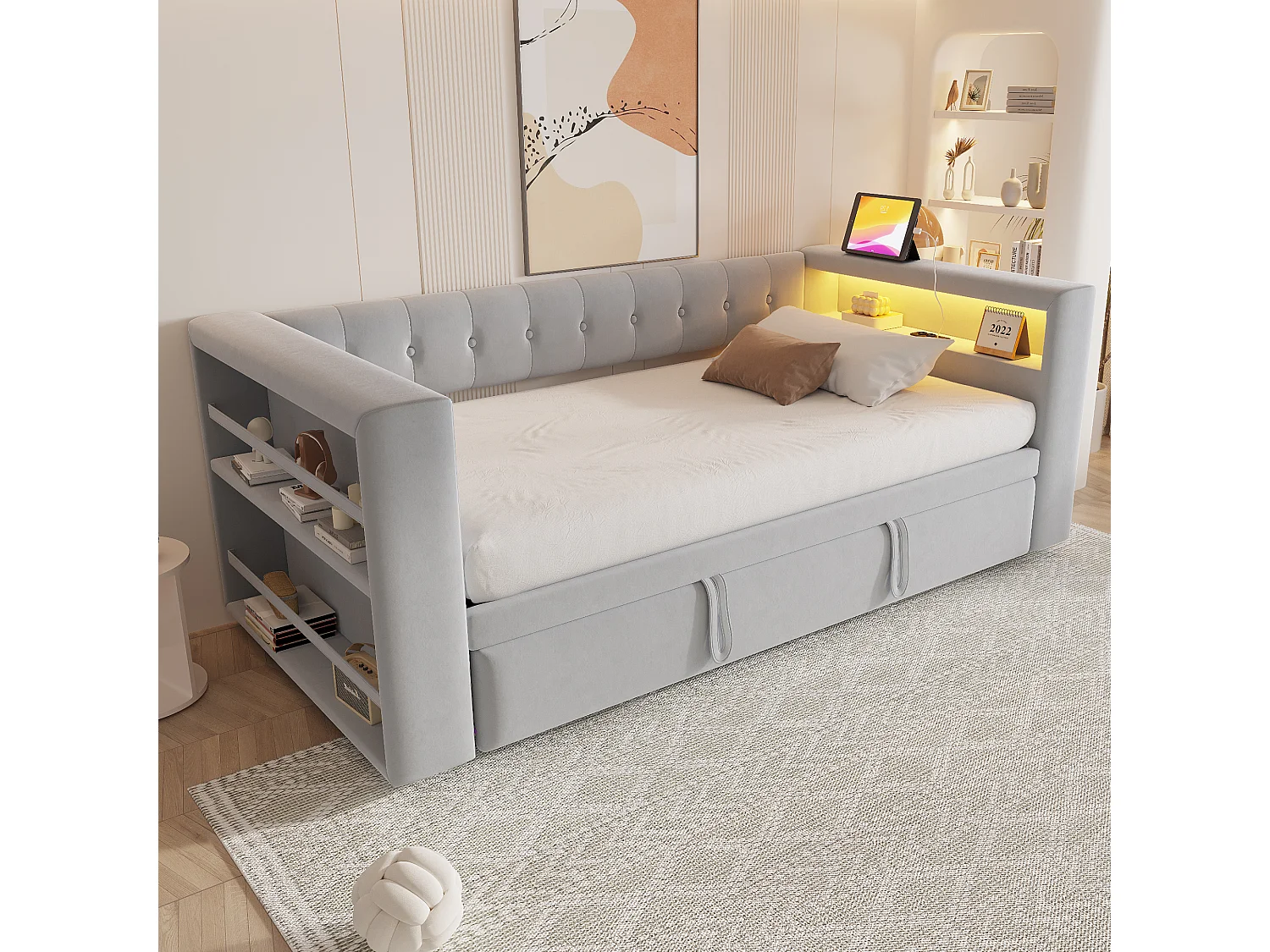 Polstret sovesofa - 90/180 x 190 cm - med LED'er + stikkontakt + udtræksseng + hylde - Flannel - lysegrå