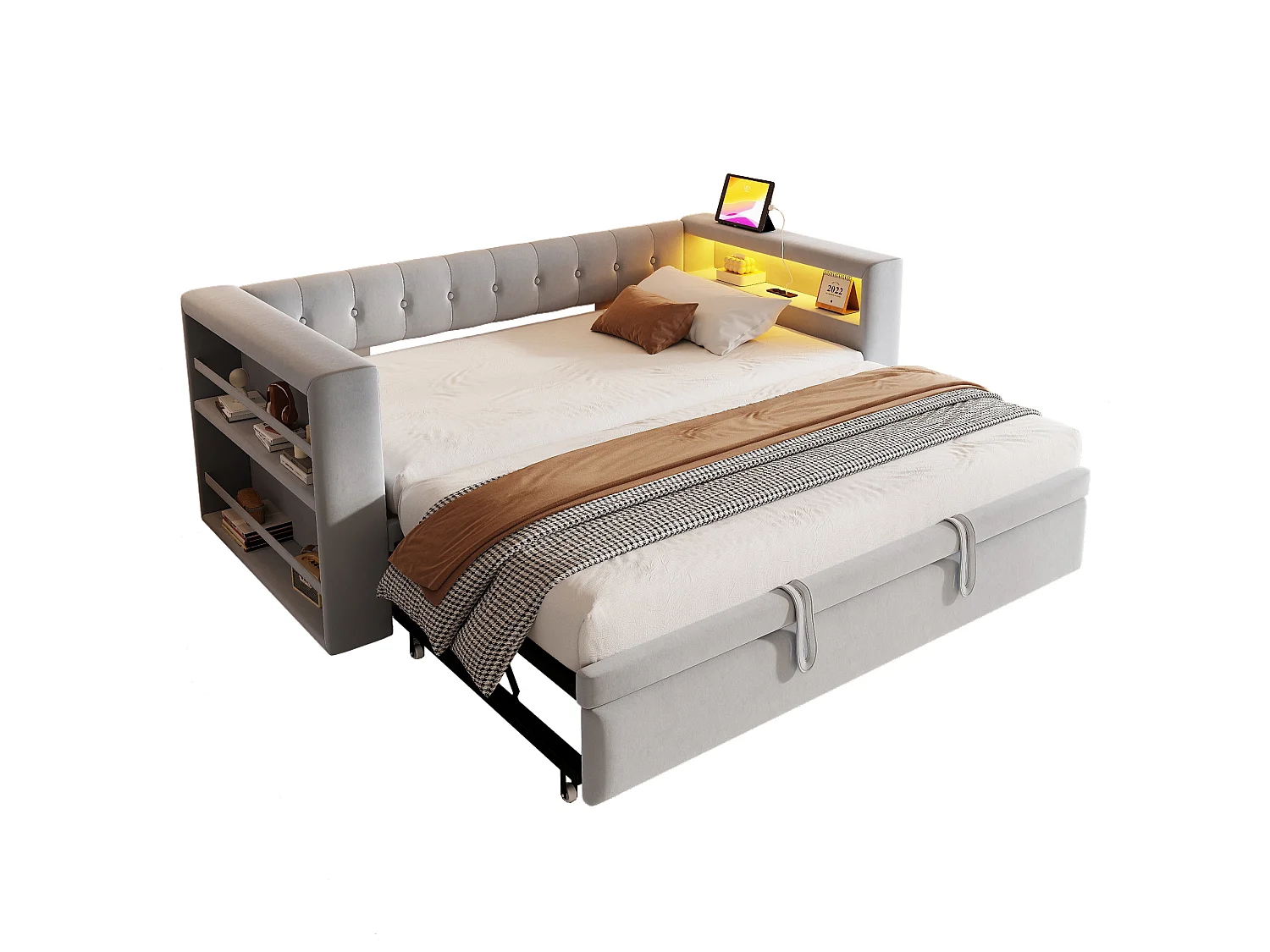 Polstret sovesofa - 90/180 x 190 cm - med LED'er + stikkontakt + udtræksseng + hylde - Flannel - lysegrå