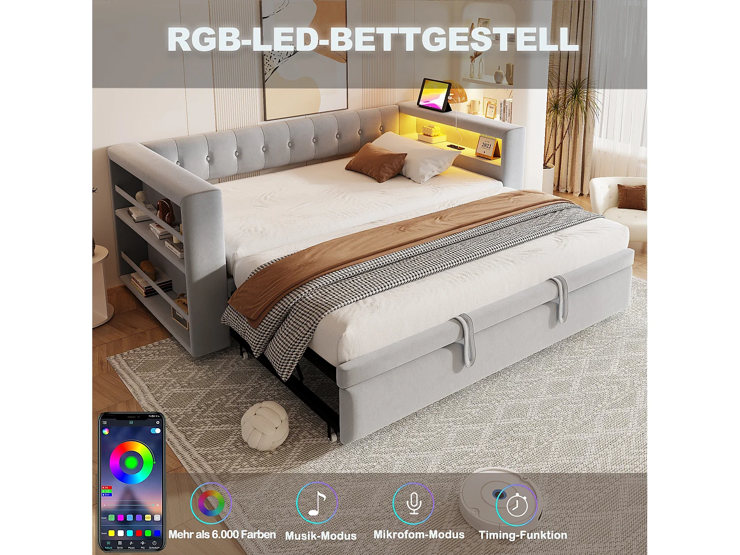 Polstret sovesofa - 90/180 x 190 cm - med LED'er + stikkontakt + udtræksseng + hylde - Flannel - lysegrå
