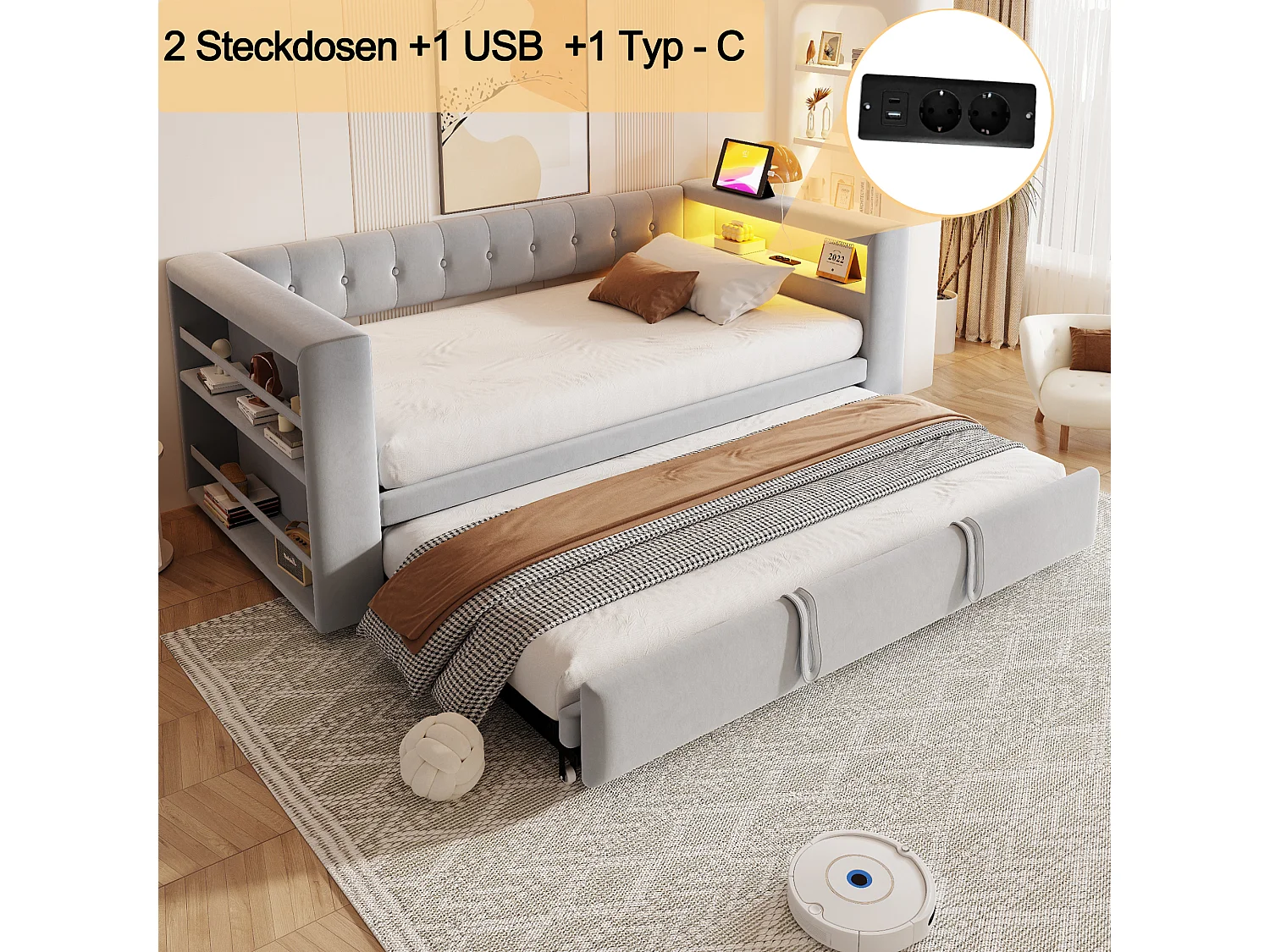 Polstret sovesofa - 90/180 x 190 cm - med LED'er + stikkontakt + udtræksseng + hylde - Flannel - lysegrå