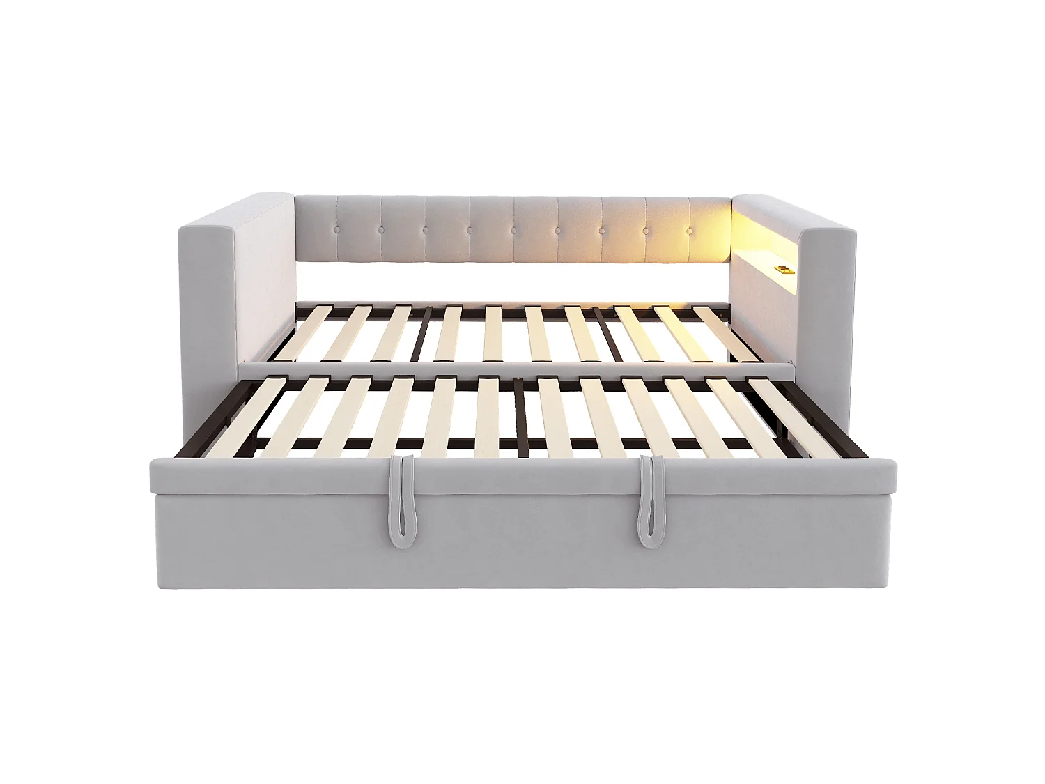 Polstret sovesofa - 90/180 x 190 cm - med LED'er + stikkontakt + udtræksseng + hylde - Flannel - lysegrå